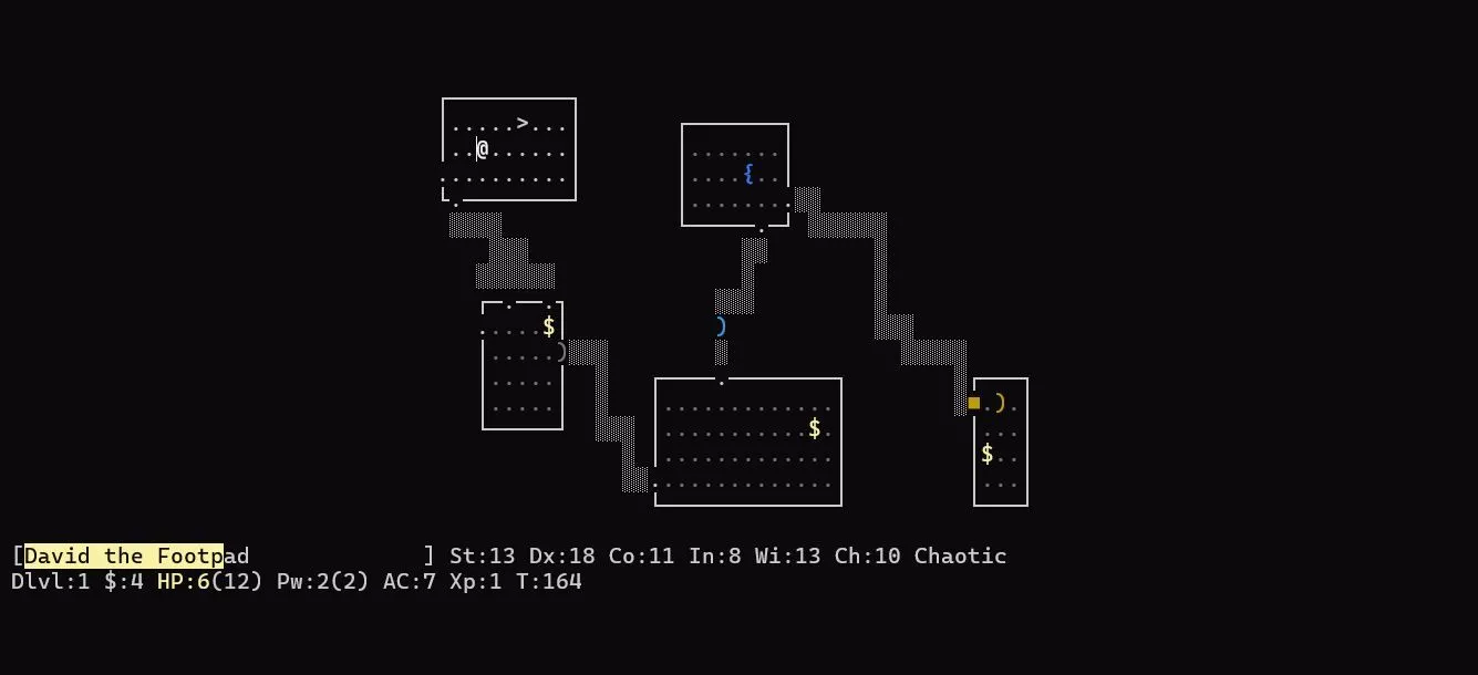 Giao diện trò chơi Nethack, một roguelike sử dụng ký tự ASCII để mô phỏng hầm ngục, minh họa ứng dụng của thư viện Curses.