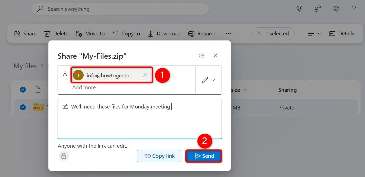 Giao diện tùy chọn chia sẻ file trên OneDrive với người cụ thể, bao gồm thêm email và tin nhắn.