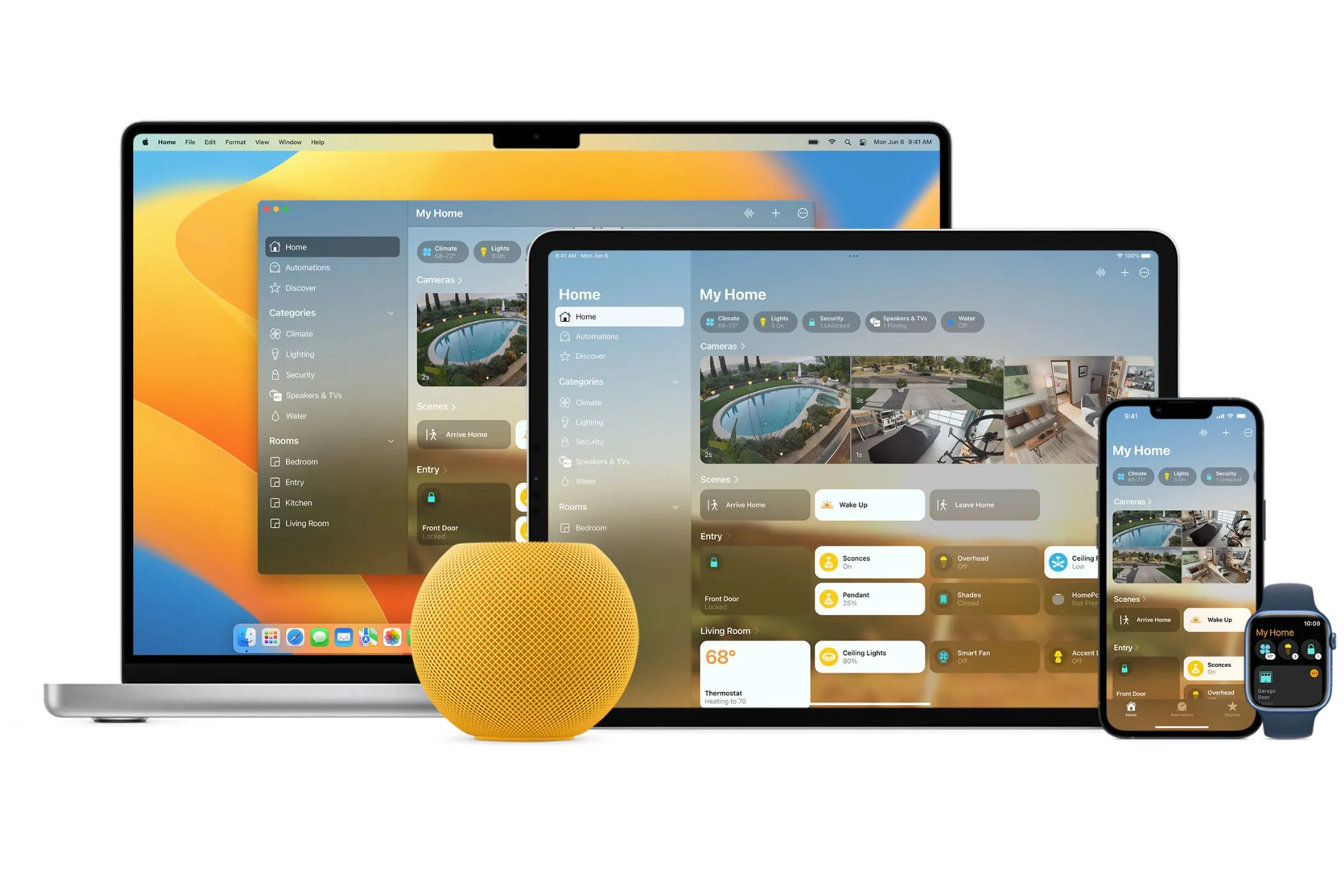 Giao diện ứng dụng Apple Home trên các thiết bị Apple, thể hiện khả năng quản lý nhà thông minh.