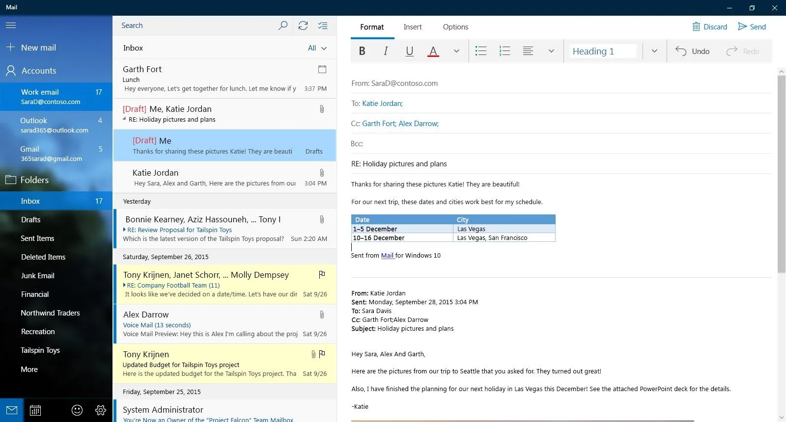 Giao diện ứng dụng Mail của Windows với hộp thư đến và email đang soạn thảo