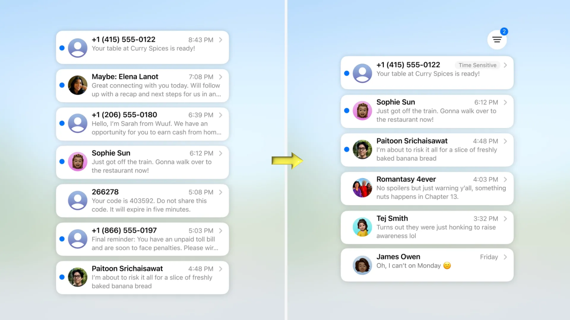 Giao diện ứng dụng Tin nhắn (Messages) trên iOS 26 với tính năng lọc tin nhắn từ người gửi không xác định, giúp quản lý hộp thư hiệu quả hơn.