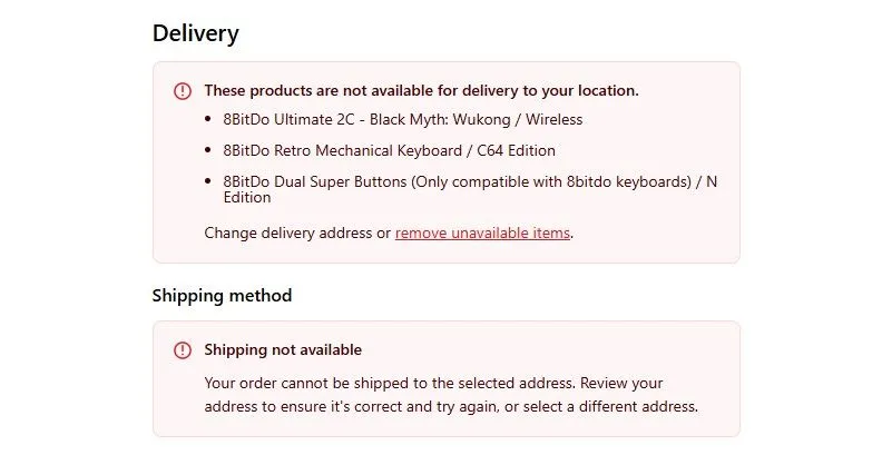 Giao diện website 8BitDo hiển thị thông báo không thể vận chuyển sản phẩm đến địa chỉ Hoa Kỳ do chính sách thuế mới, gây khó khăn cho khách hàng.