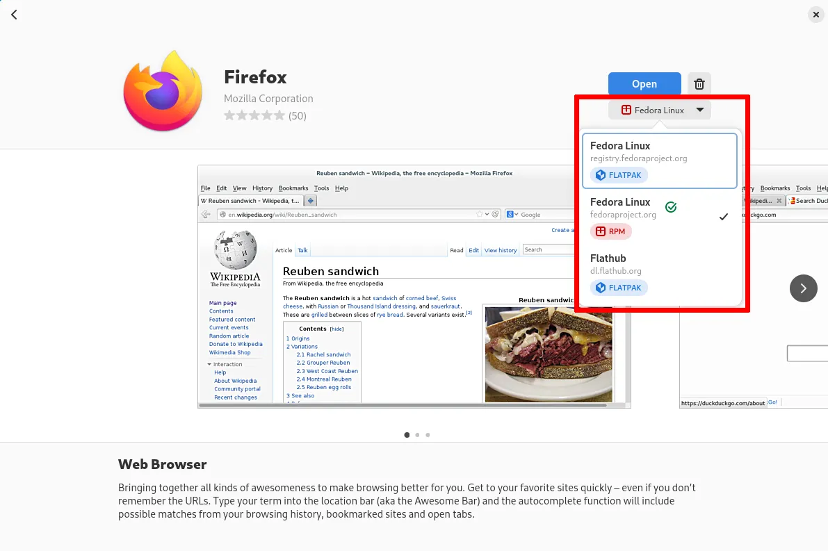 GNOME Software trên Fedora hiển thị ba kho lưu trữ để cài đặt phần mềm
