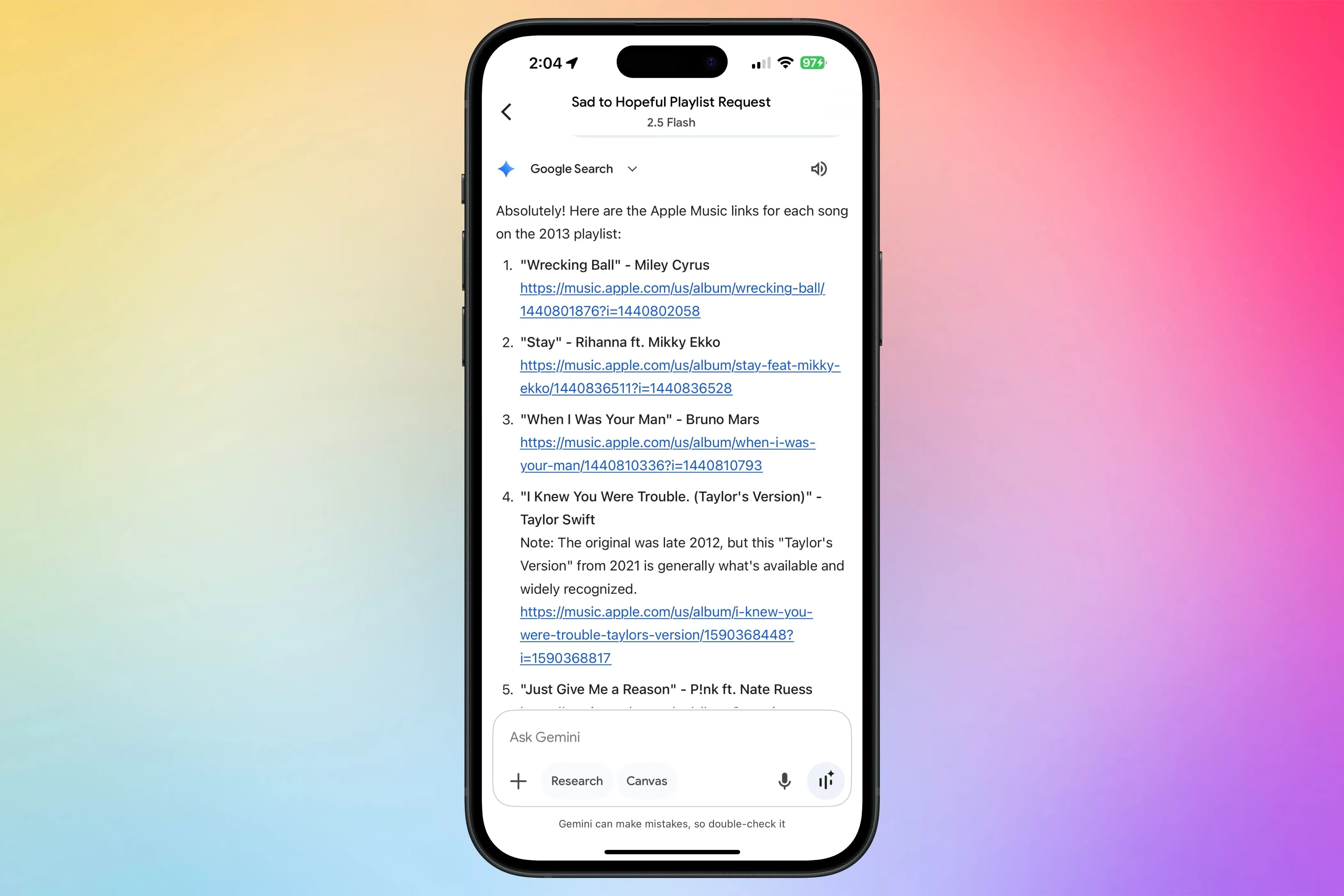 Google Gemini đang tạo một danh sách phát nhạc và cung cấp các liên kết trực tiếp đến Apple Music cho từng bài hát, minh họa khả năng của AI bot bên ngoài.