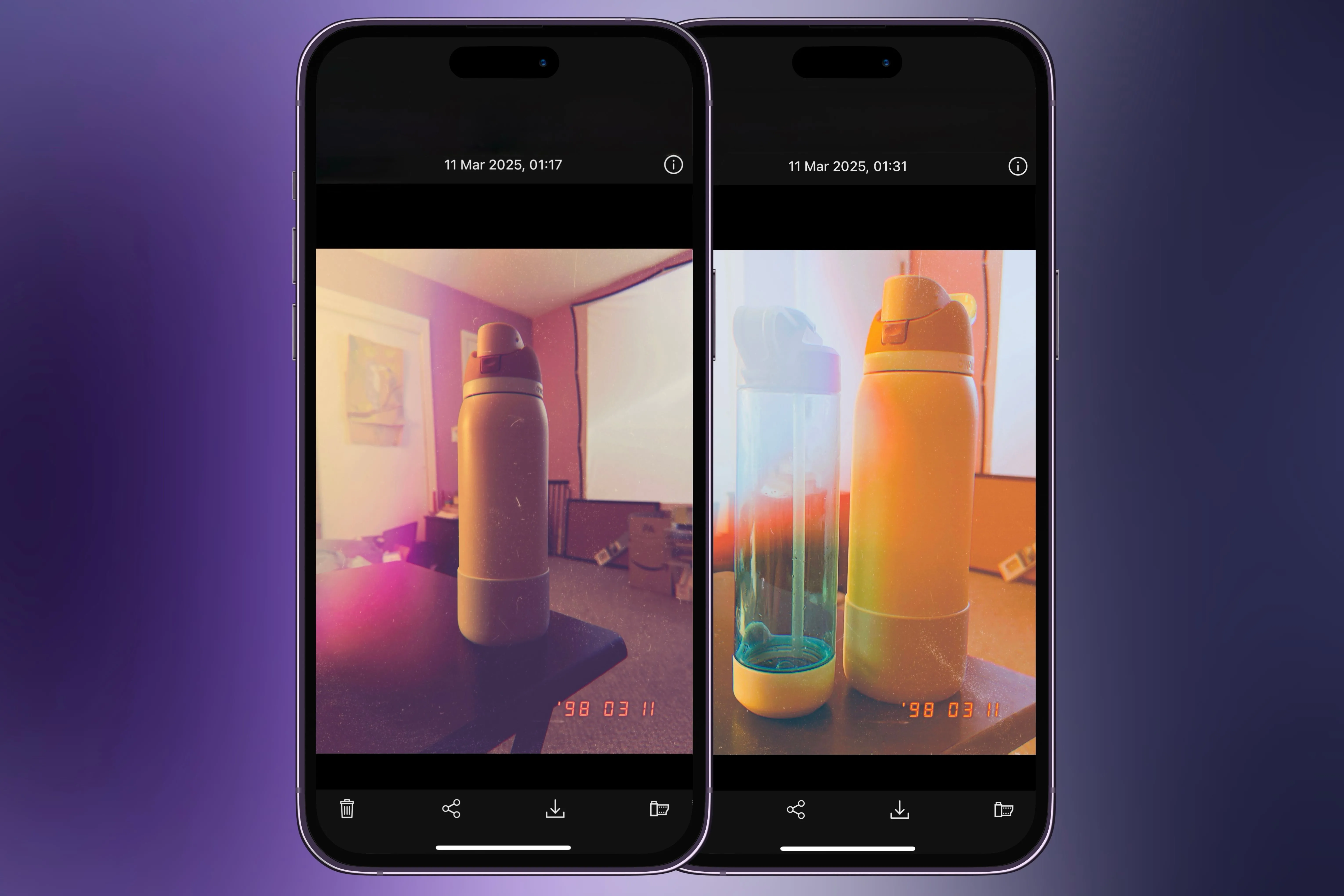 Hai ảnh chụp chai nước với filter vintage 1998 Cam trên màn hình iPhone, tái hiện phong cách Instagram cũ