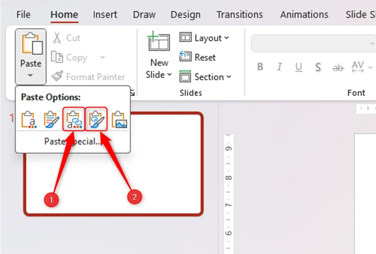 Hai biểu tượng trong menu thả xuống 'Paste' (Dán) của PowerPoint cho phép tạo liên kết giữa mục được dán và nguồn Excel của nó, đảm bảo cập nhật dữ liệu tự động.