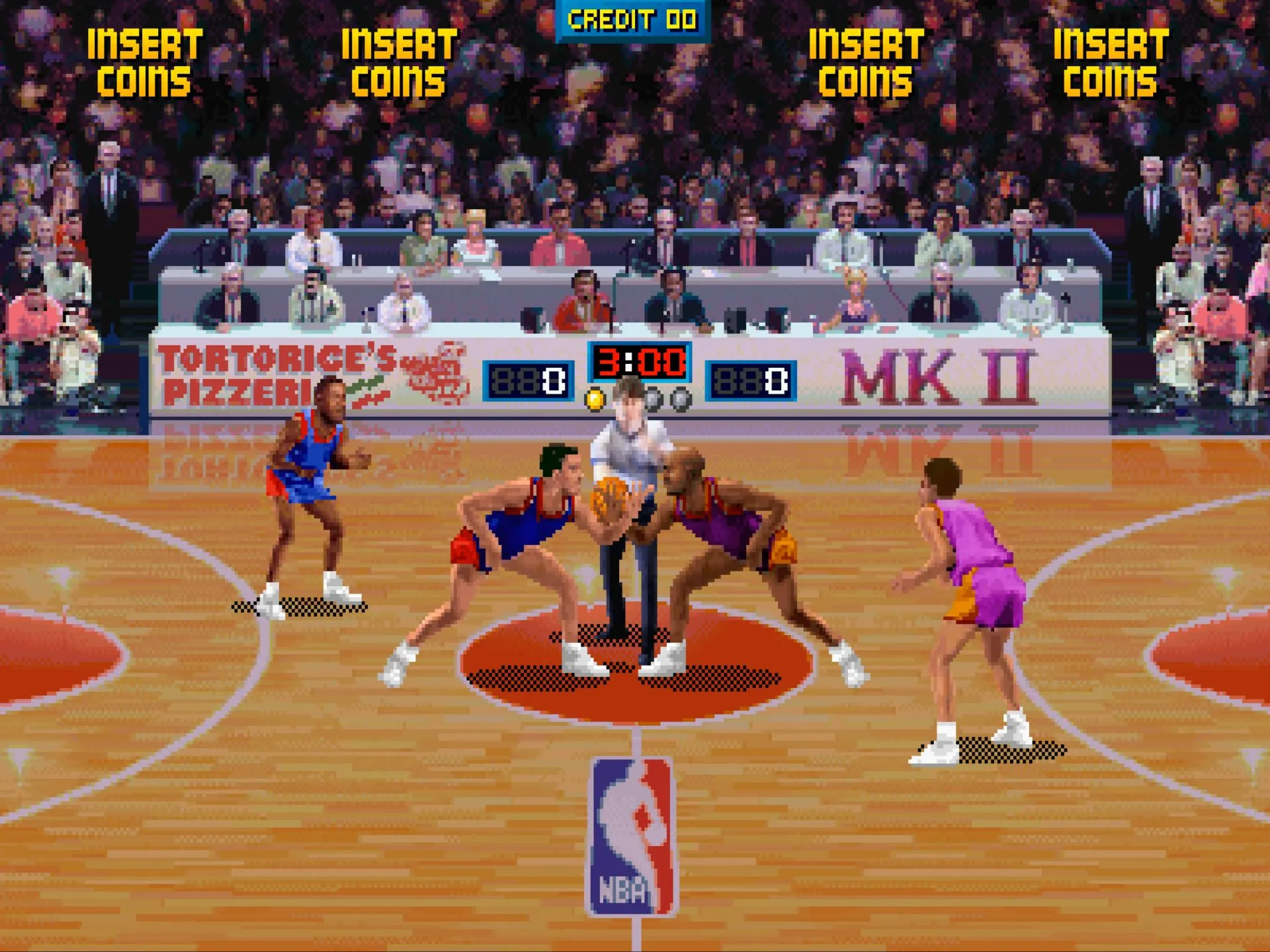 Hai cầu thủ bóng rổ trong game NBA Jam thực hiện cú úp rổ siêu thực, minh họa phong cách game thể thao arcade phi truyền thống
