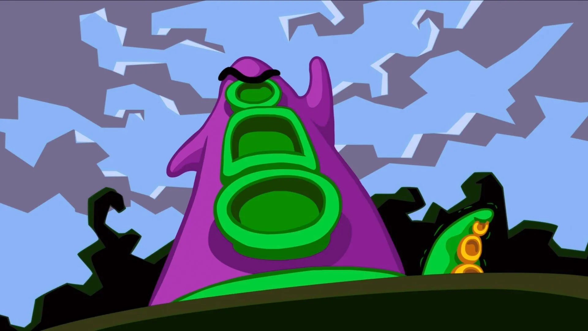 Hai con tentacle trong Day of the Tentacle, một con màu tím khổng lồ đang cố gắng thống trị thế giới và một con màu xanh nhỏ hơn.