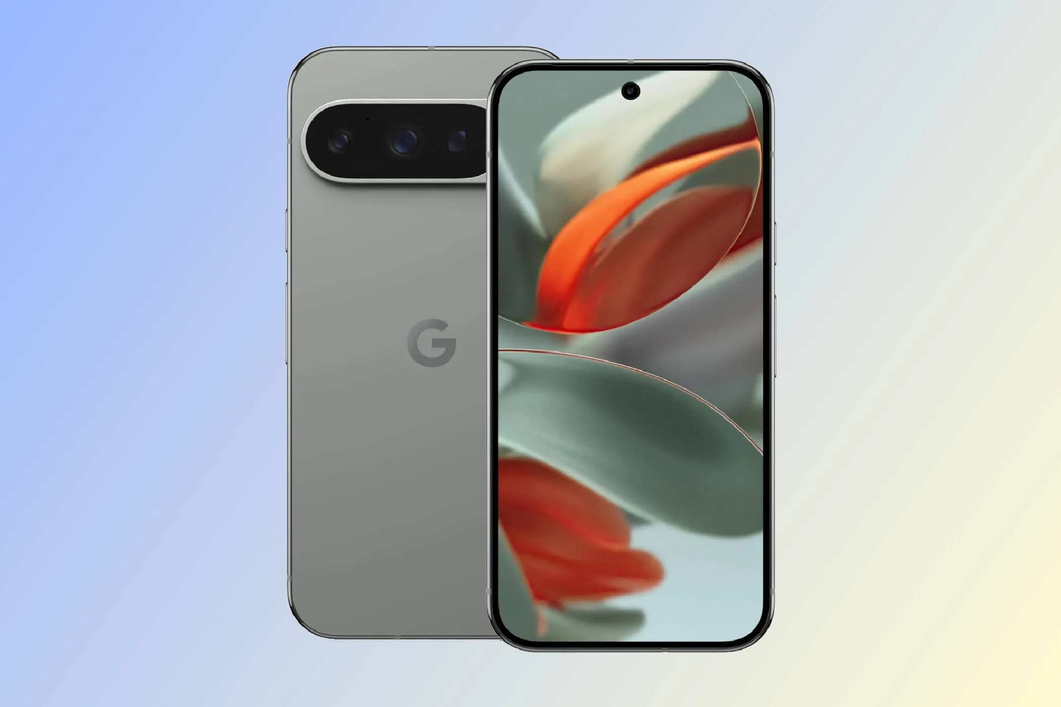 Hai mặt trước và sau của điện thoại Google Pixel 9 Pro màu xanh lá cây đặt trên nền trắng.