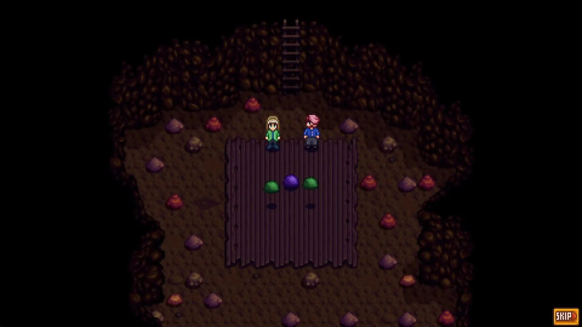 Hai nhân vật Stardew Valley đứng trước ba con slime thân thiện trong hang động, minh họa nội dung khám phá và quái vật mới từ mod Adventurer's Guild Expanded.