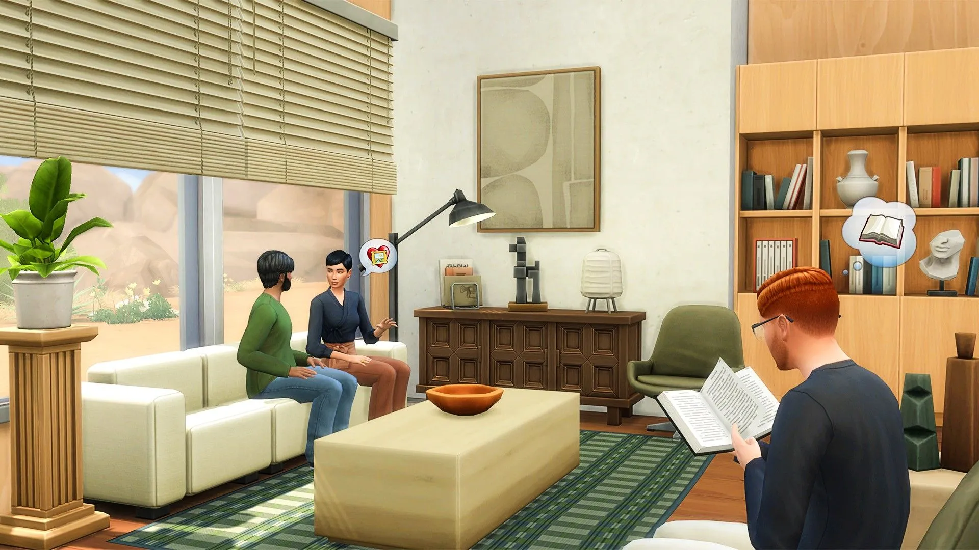 Hai Sim ngồi trên ghế sofa trò chuyện trong khi một Sim khác đọc sách trong The Sims 4