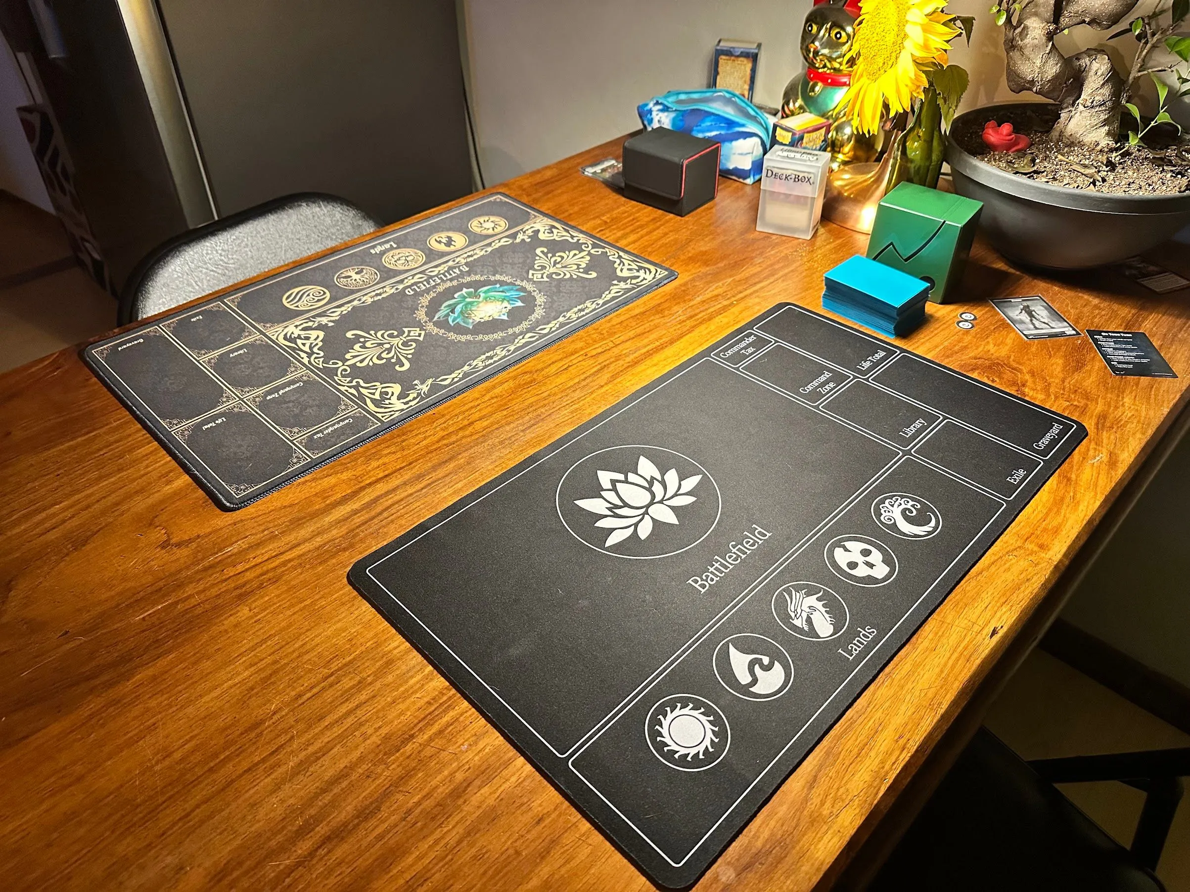 Hai tấm thảm chơi game Magic The Gathering (MTG) được mua từ Temu, minh họa cho việc tìm thấy phụ kiện game giá rẻ.