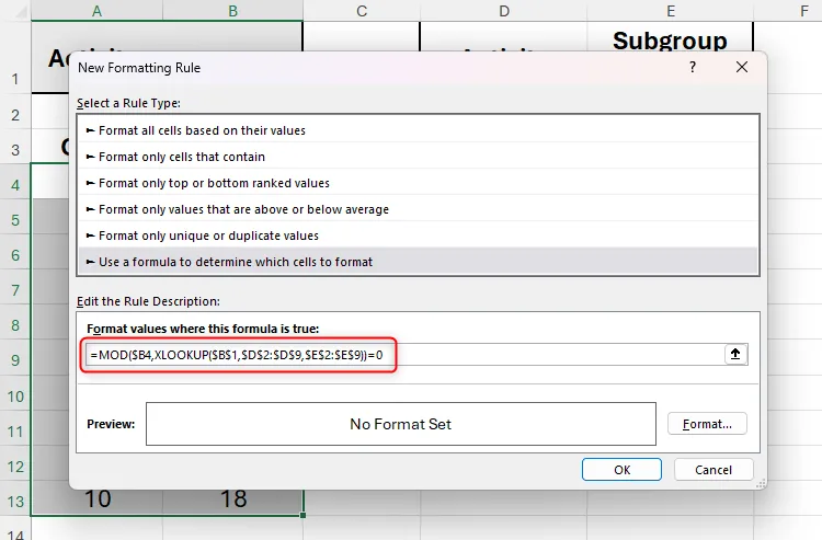 Hàm MOD được sử dụng trong quy tắc định dạng có điều kiện trong Microsoft Excel.