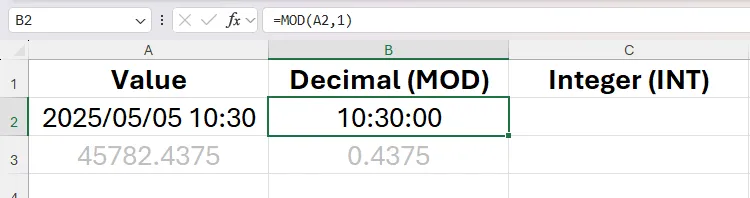 Hàm MOD trong Excel được sử dụng để trích xuất thời gian từ một giá trị ngày-giờ.