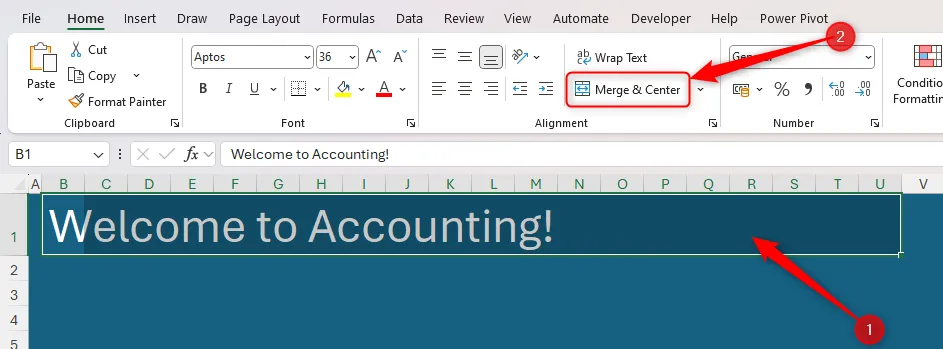Hàng tiêu đề trong trang tính Excel được chọn và tùy chọn 'Merge And Center' (Gộp và Căn giữa) trong tab Home được làm nổi bật.