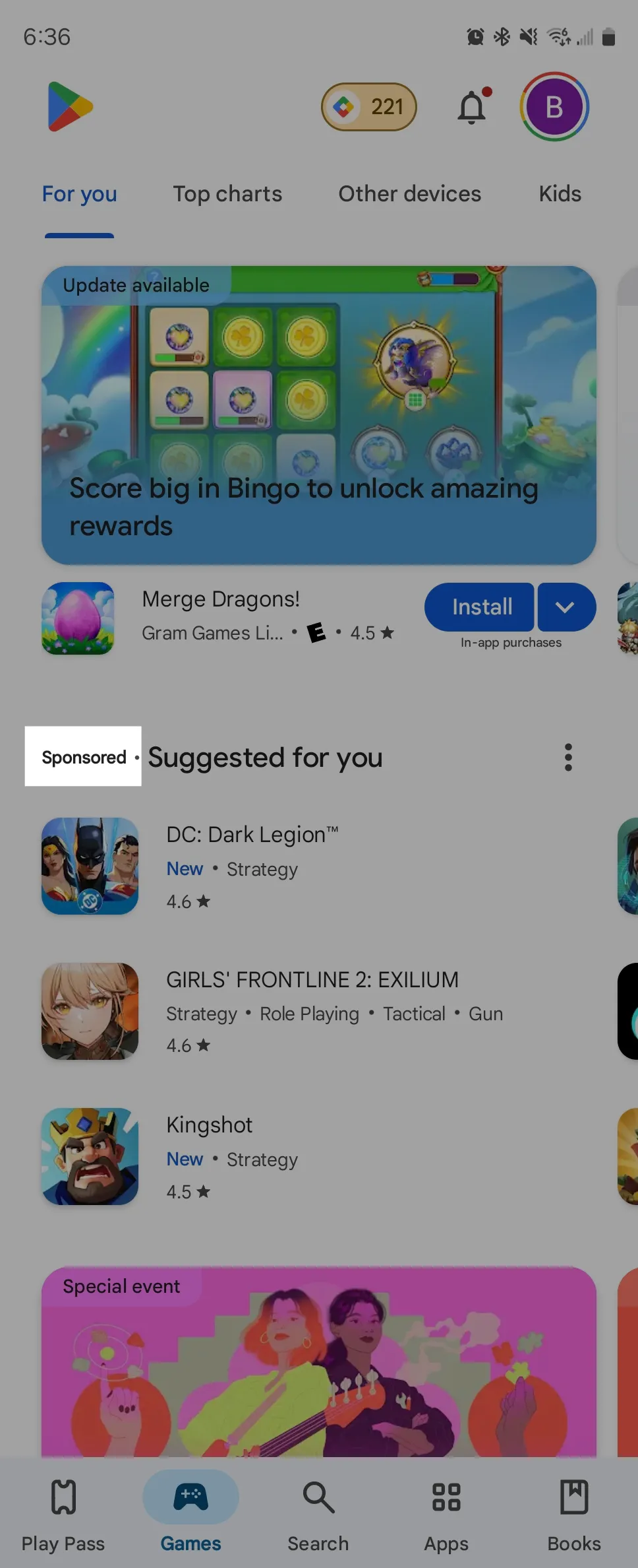 Hiển thị danh sách các trò chơi được tài trợ trên nền tảng Google Play Store