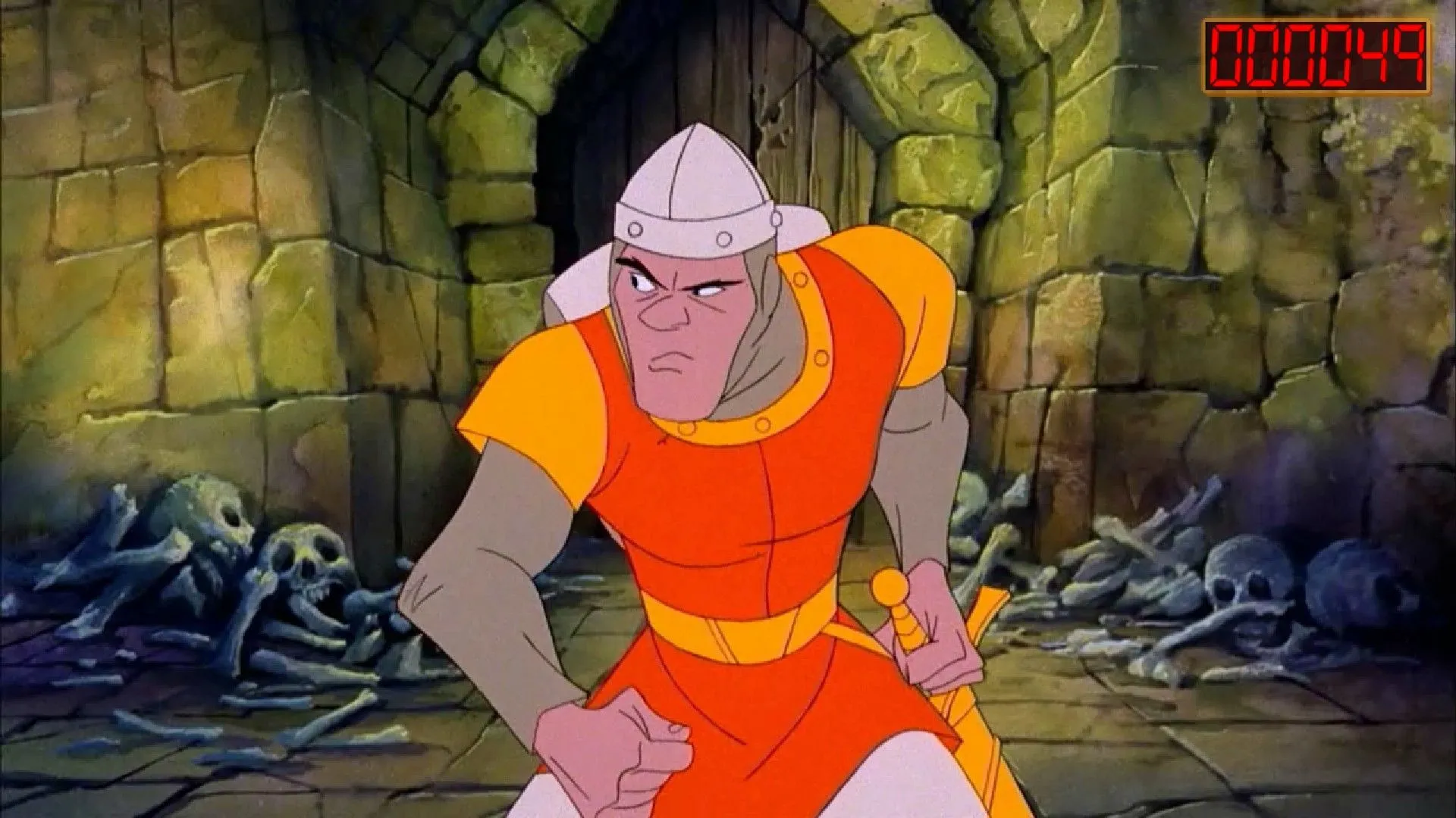 Hiệp sĩ Dirk the Daring trong phân cảnh hoạt hình từ game phim tương tác Dragon's Lair, thể hiện đồ họa tiên phong của thể loại này