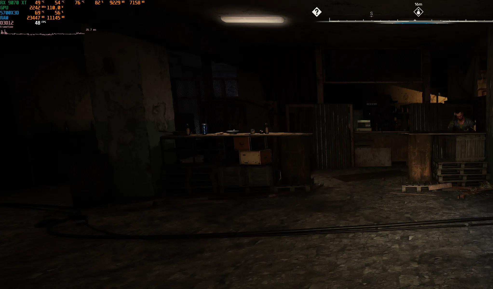 Hiệu suất trong game S.T.A.L.K.E.R. 2 tại khu vực đông dân cư, cho thấy mức FPS thấp và tình trạng nghẽn CPU dù đã nâng cấp.