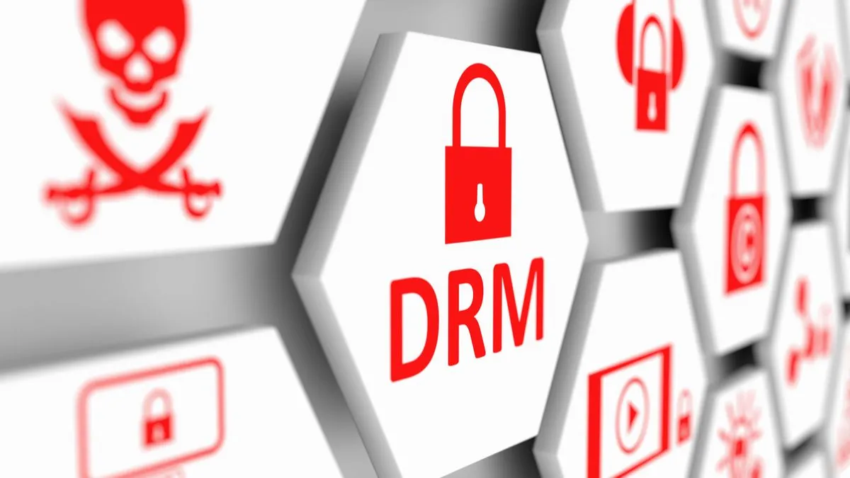 Hình ảnh biểu tượng DRM (Digital Rights Management) với nhiều biểu tượng khóa và vòng tròn kết nối, thể hiện công nghệ bảo vệ bản quyền trên đĩa Blu-ray.