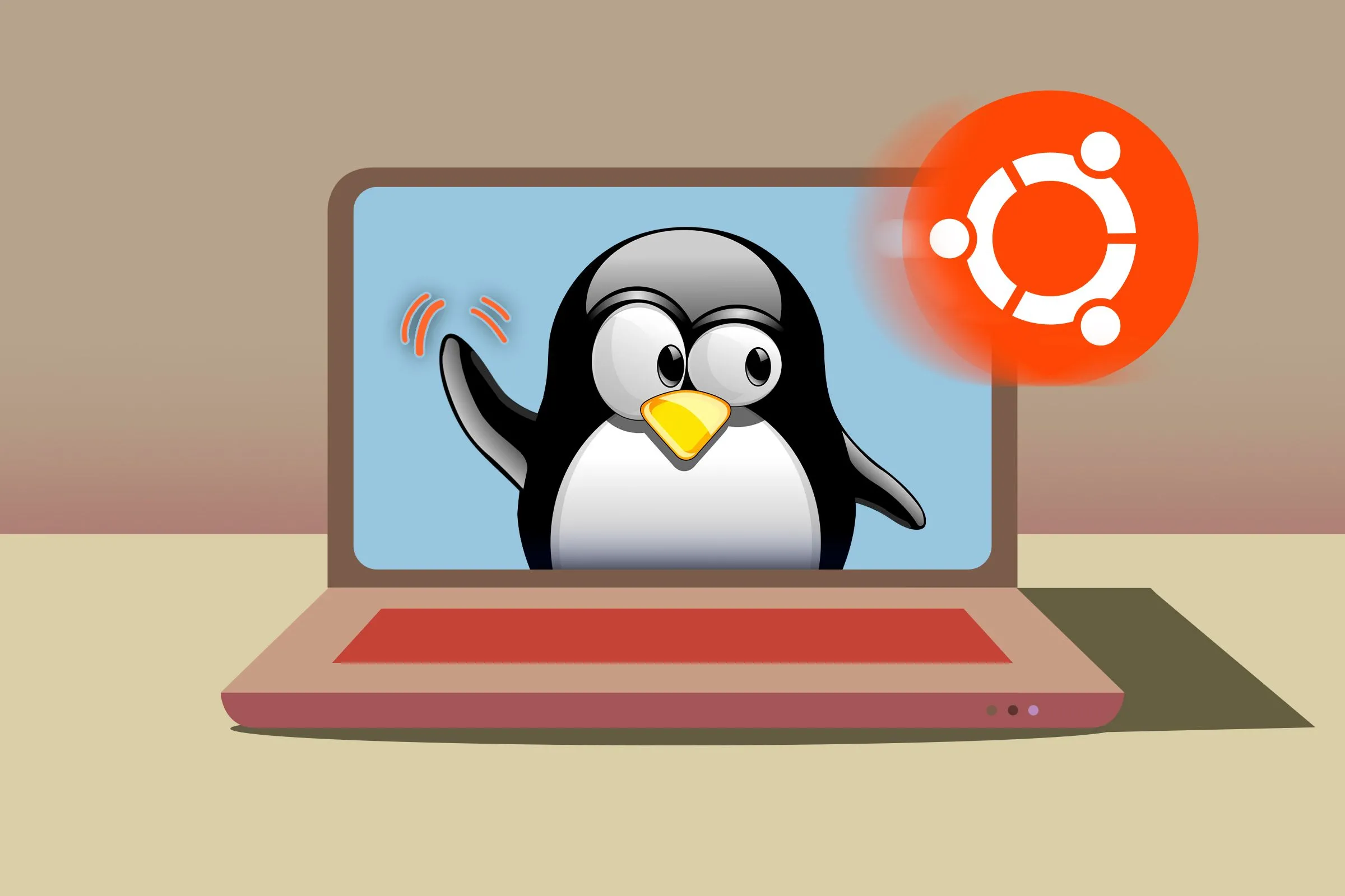 Hình ảnh biểu tượng Linux Tux vẫy tay chào logo Ubuntu trên màn hình laptop.