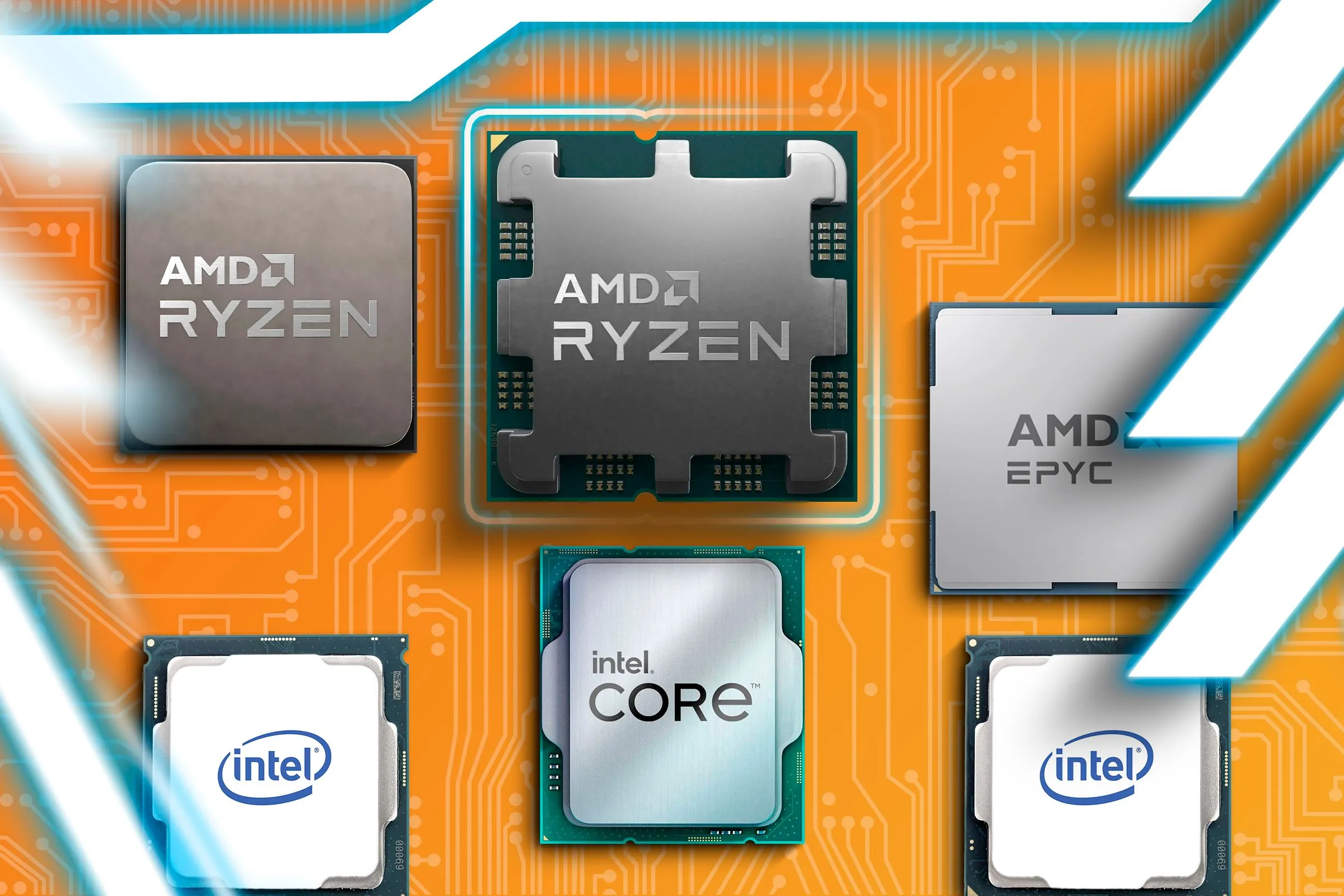 Hình ảnh các CPU Intel và AMD trên bề mặt bảng mạch, tượng trưng cho linh kiện điện tử máy tính.