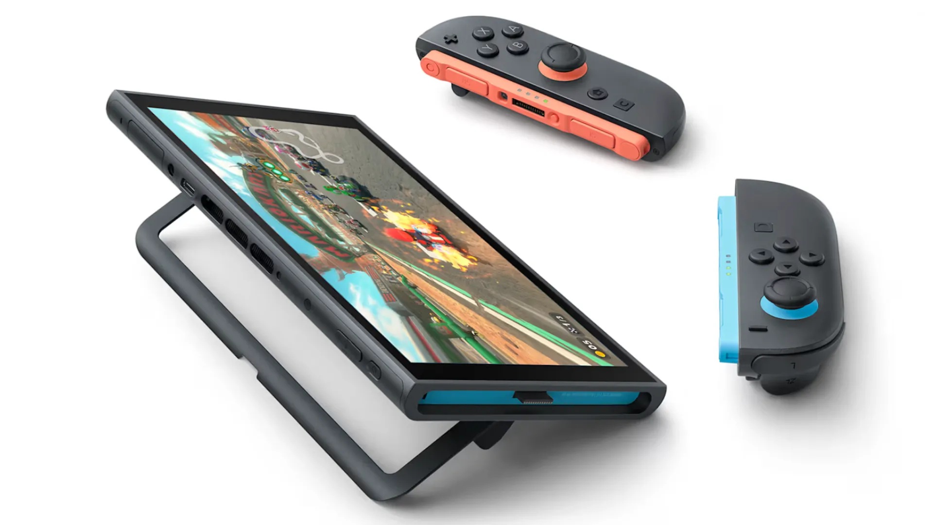 Hình ảnh cận cảnh máy chơi game Nintendo Switch 2, thể hiện các cổng kết nối và khe cắm băng game được cải tiến