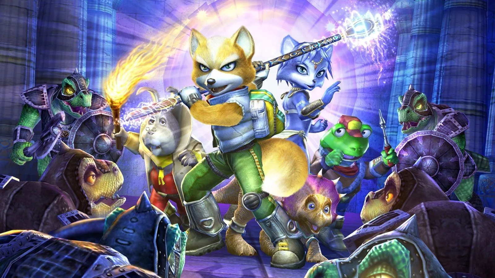 Hình ảnh chính của Star Fox Adventures, với Fox McCloud khám phá hành tinh đầy khủng long.