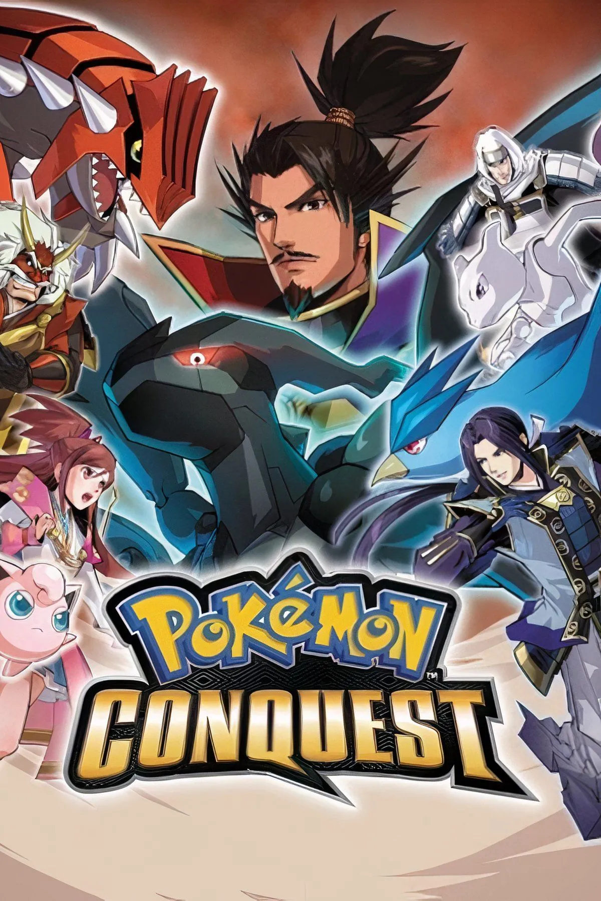 Hình ảnh game Pokemon Conquest với các chiến binh thời phong kiến Nhật Bản và Pokemon của họ trên chiến trường