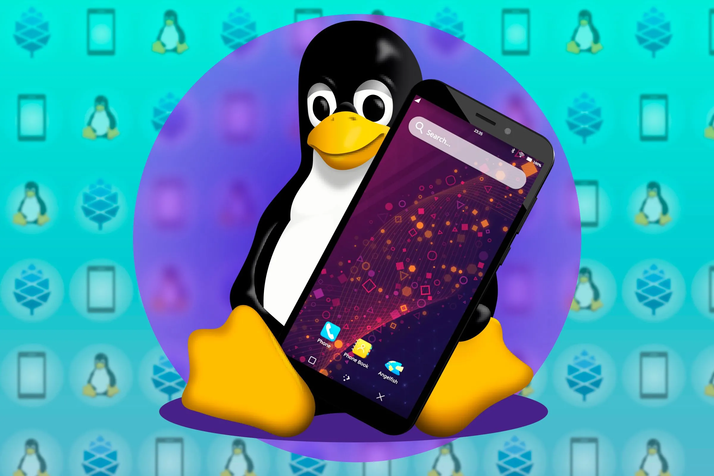 Hình ảnh linh vật Linux cầm điện thoại, biểu tượng cho thiết bị Linux DIY cầm tay