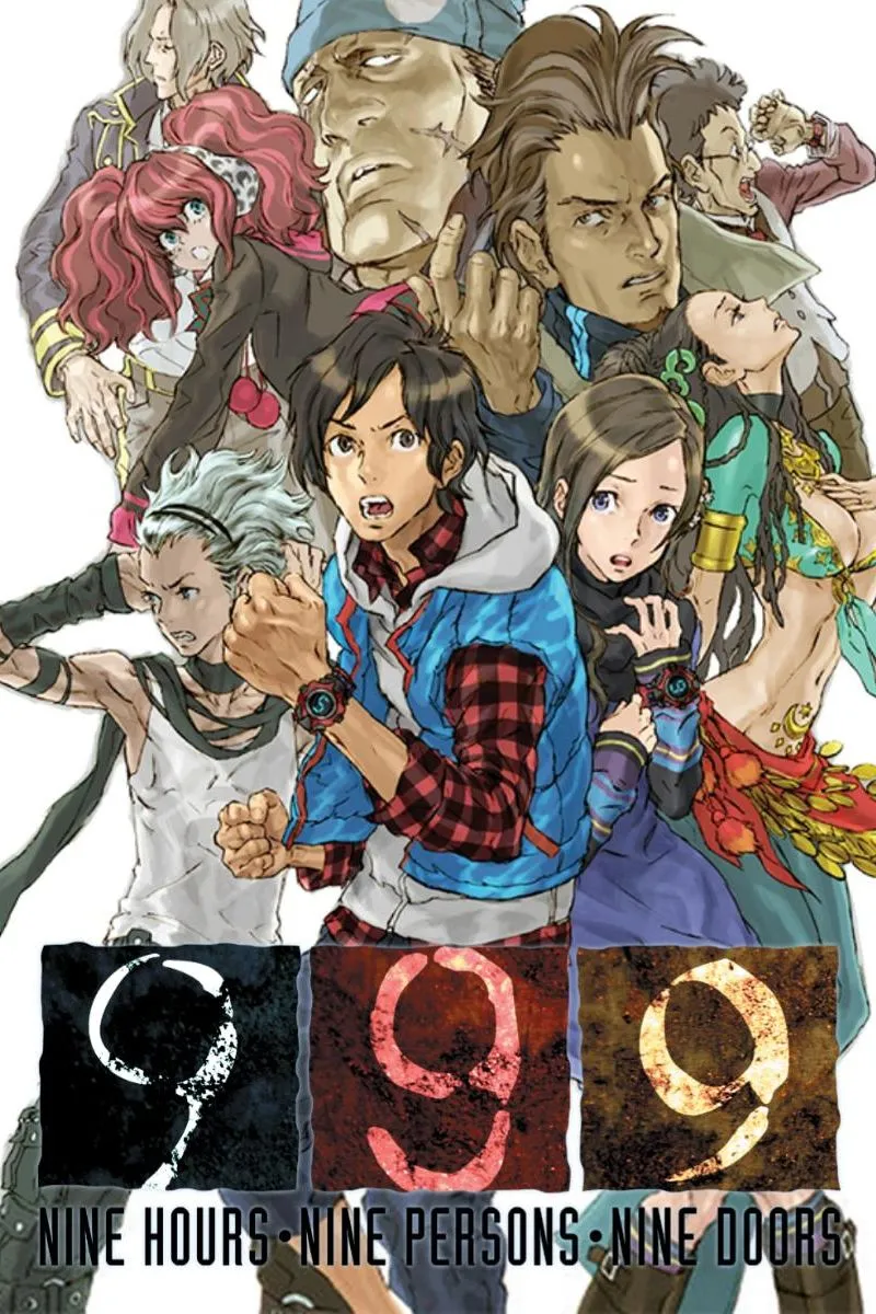 Hình ảnh logo game 999: Nine Hours, Nine Persons, Nine Doors với các nhân vật và tàu thuyền phía sau