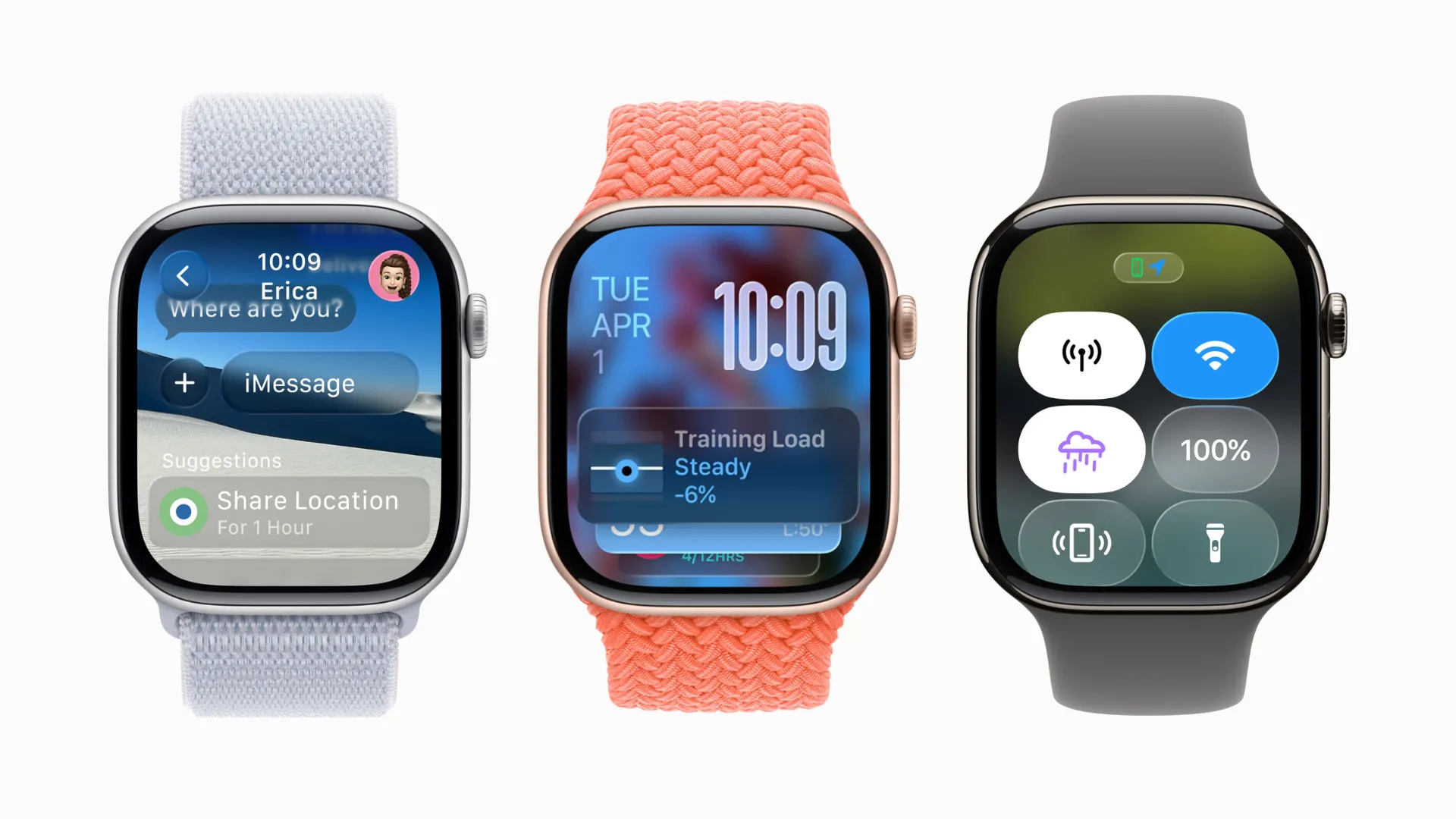 Hình ảnh minh họa các ứng dụng Tin nhắn, Smart Stack và Trung tâm điều khiển trong watchOS 26