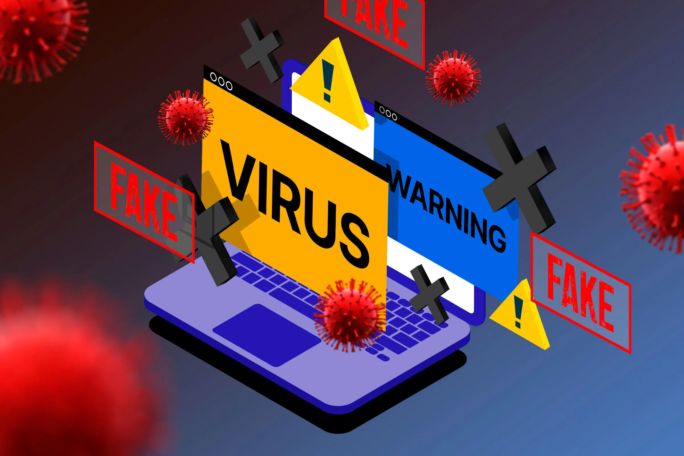 Hình ảnh minh họa laptop bị nhiễm virus và các cảnh báo nguy hiểm, thể hiện giới hạn của VPN trong việc chống phần mềm độc hại
