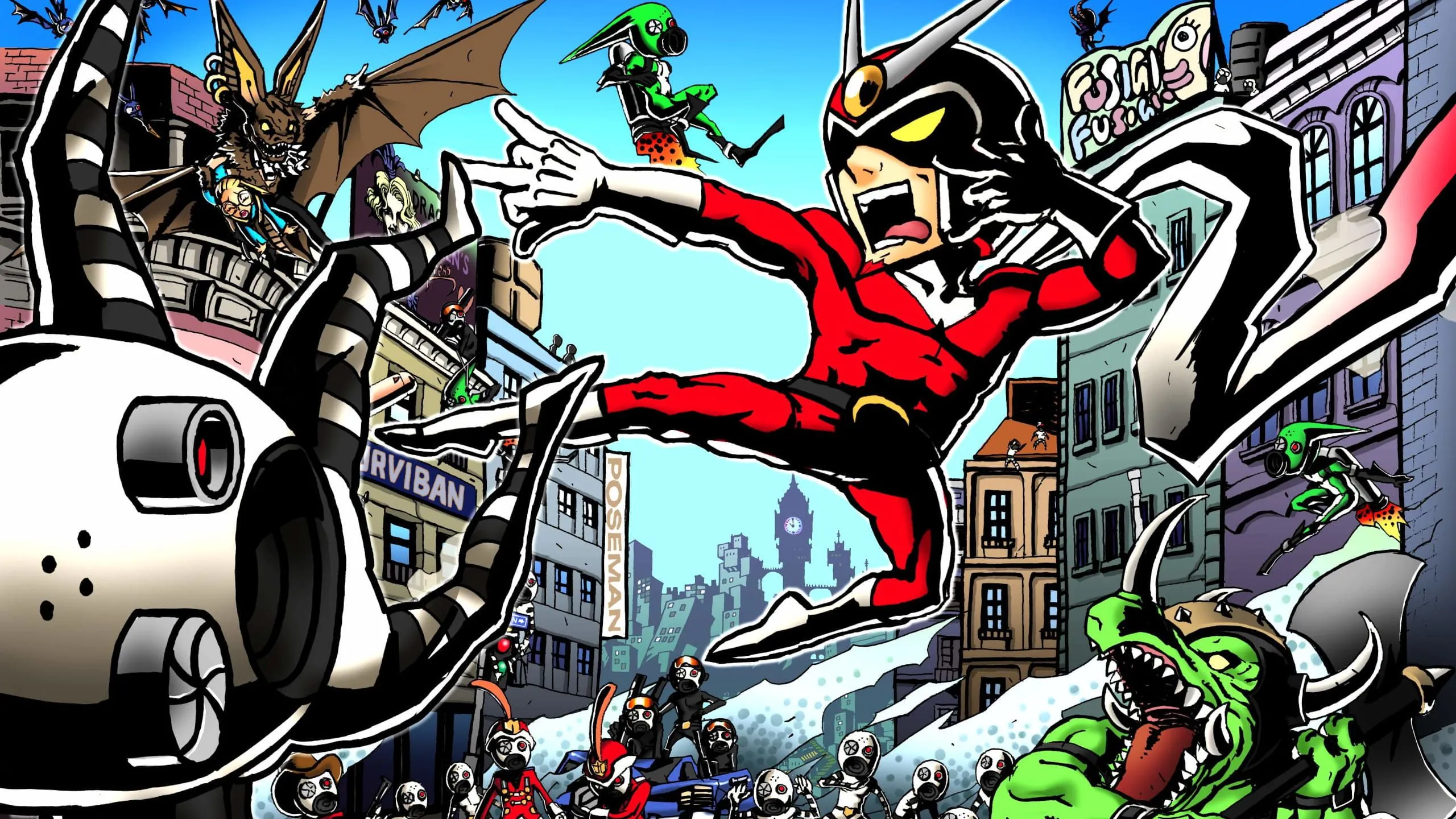 Hình ảnh nghệ thuật chính của Viewtiful Joe, nhân vật siêu anh hùng phong cách truyện tranh độc đáo.