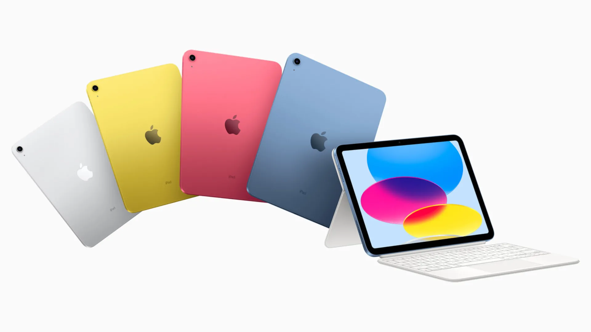 Hình ảnh nhiều chiếc iPad với nhiều màu sắc khác nhau được sắp xếp trên nền xám.