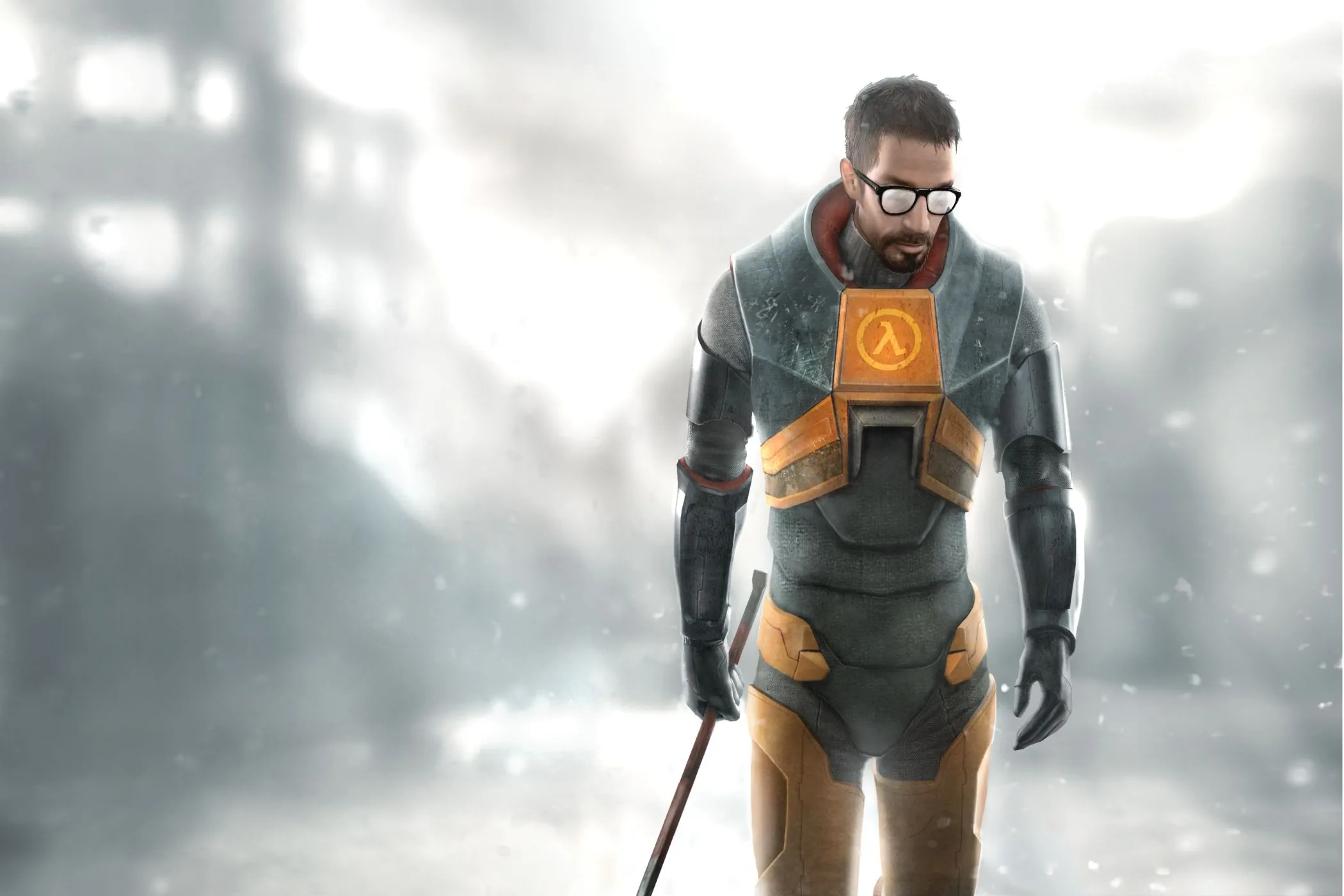 Hình ảnh quảng cáo Half-Life 2 với nhân vật Gordon Freeman cùng cây xà beng biểu tượng của mình, thể hiện tầm vóc của tựa game mà Valve phát triển độc lập.