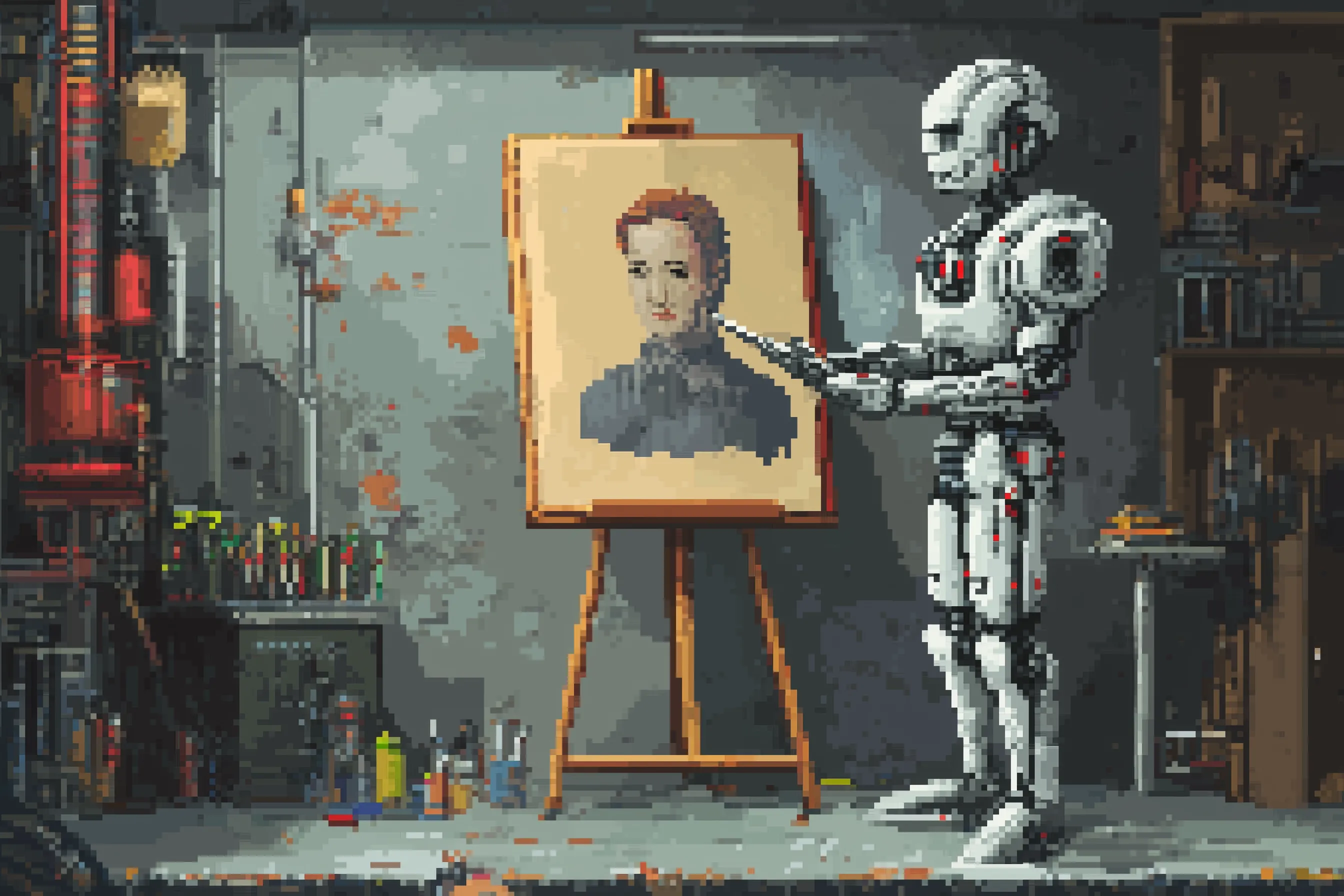 Hình ảnh robot dùng AI vẽ tranh pixel art, minh họa cho khả năng sáng tạo của AI nhưng cũng ngụ ý về sự cần thiết của chuyên gia con người trong việc kiểm soát chất lượng.