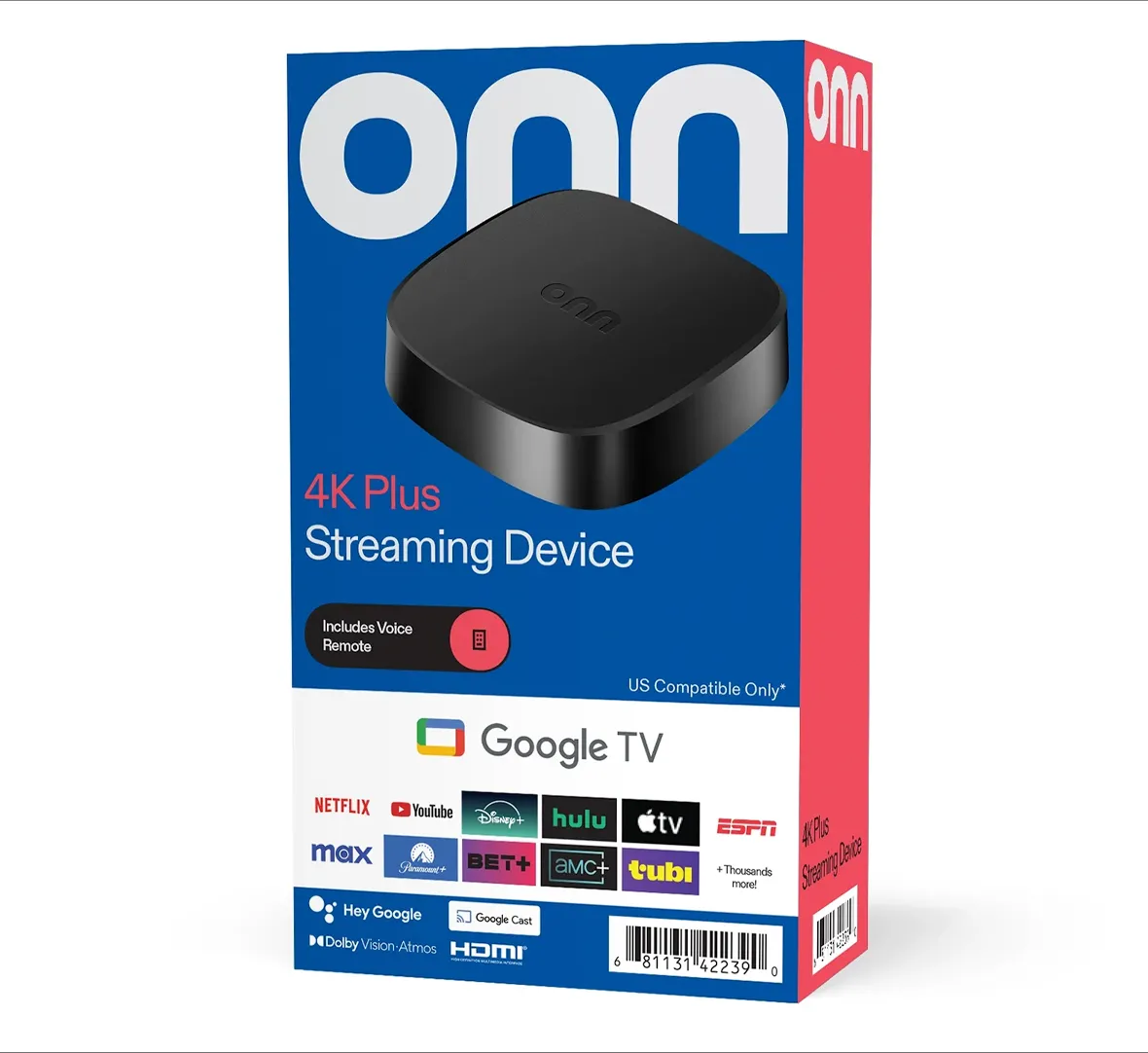Hình ảnh thiết bị Onn 4K Plus Google TV Box với khả năng phát trực tuyến 4K và điều khiển giọng nói.