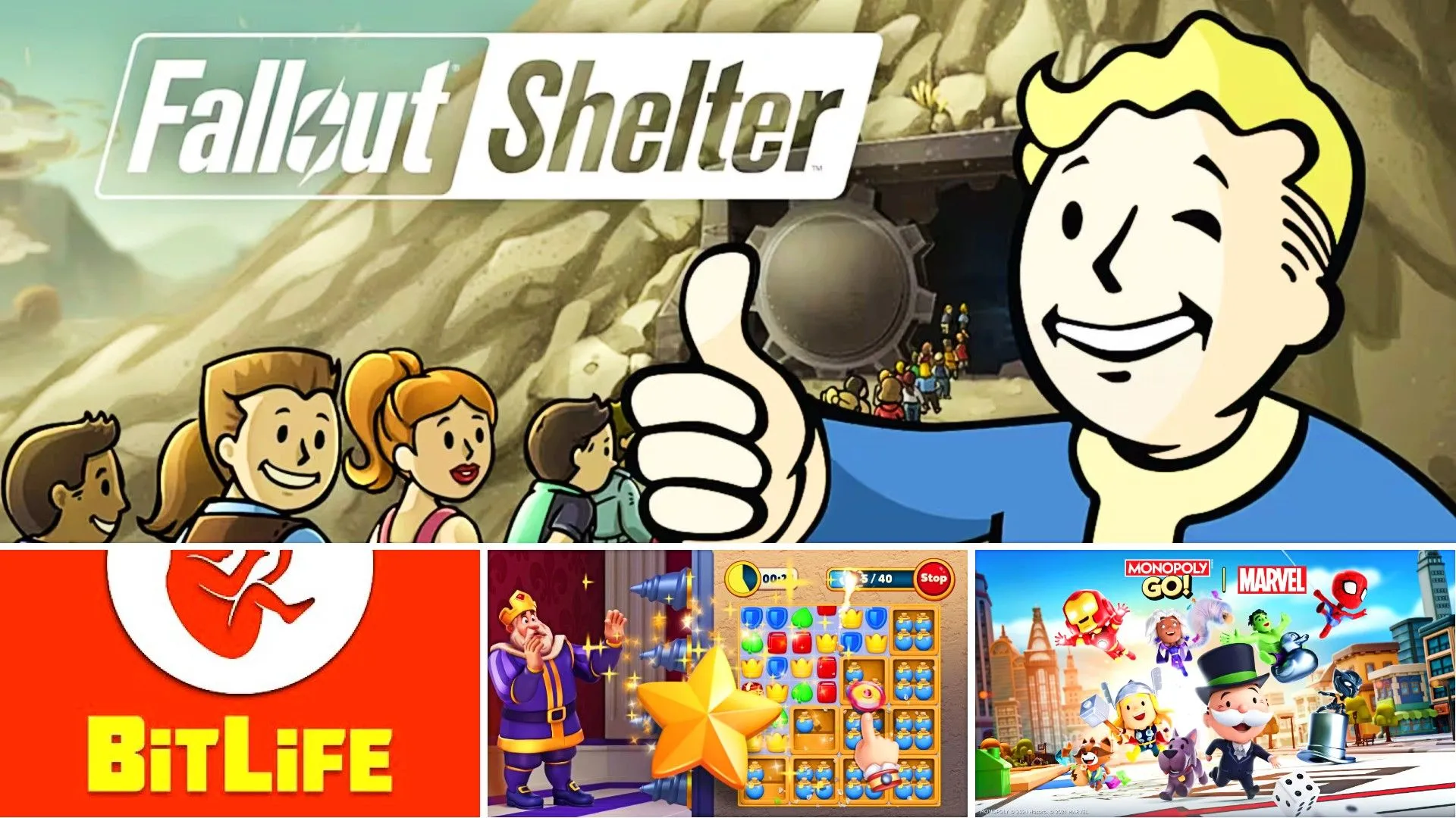 Hình ảnh tổng hợp các trò chơi di động phổ biến như Fallout Shelter, Bitlife, Royal Match và Monopoly GO, tượng trưng cho những giao dịch siêu nhỏ (microtransaction) gây lãng phí.