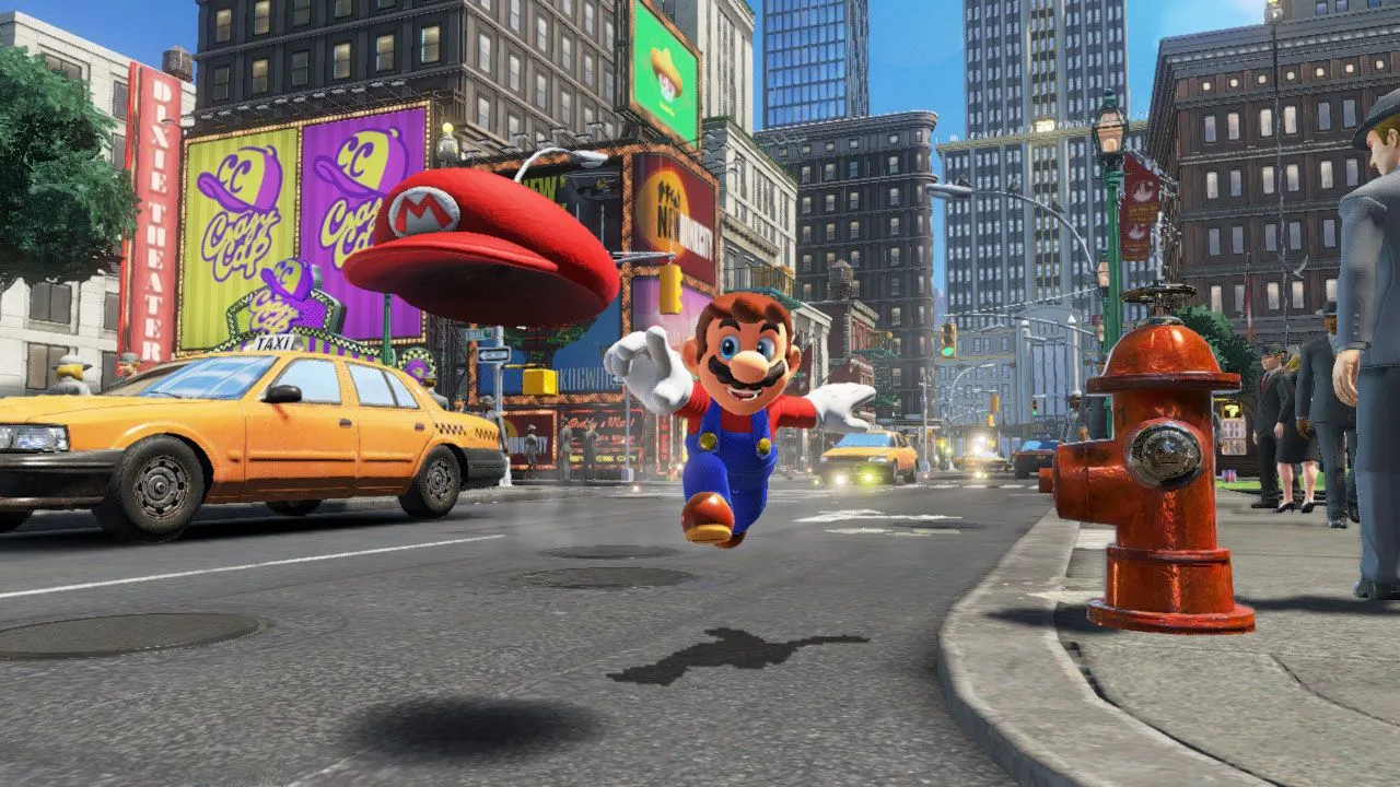 Hình ảnh trò chơi Super Mario Odyssey đang được hiển thị trên màn hình Nintendo Switch, minh họa tựa game 3D kinh điển