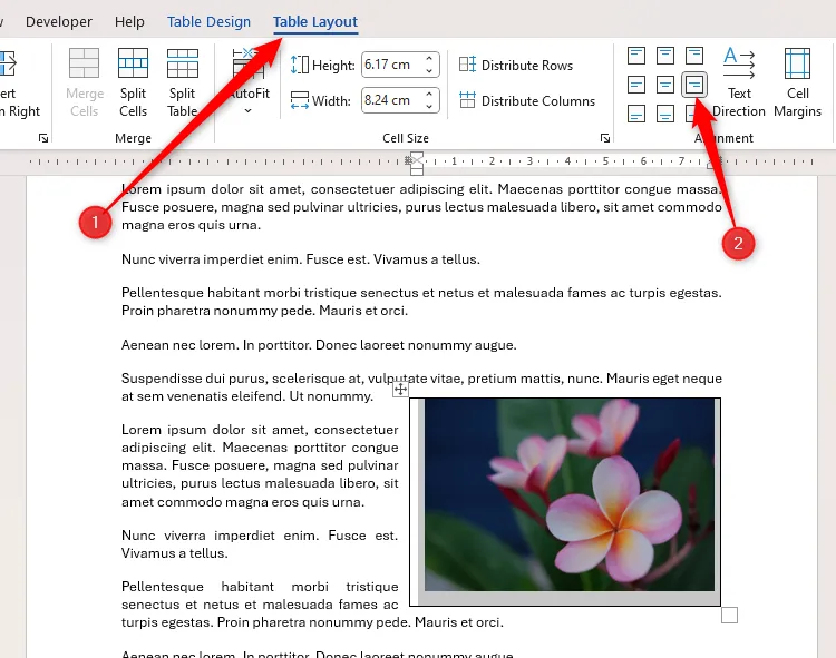 Hình ảnh trong bảng Microsoft Word được căn lề phải, đồng bộ với văn bản được căn đều