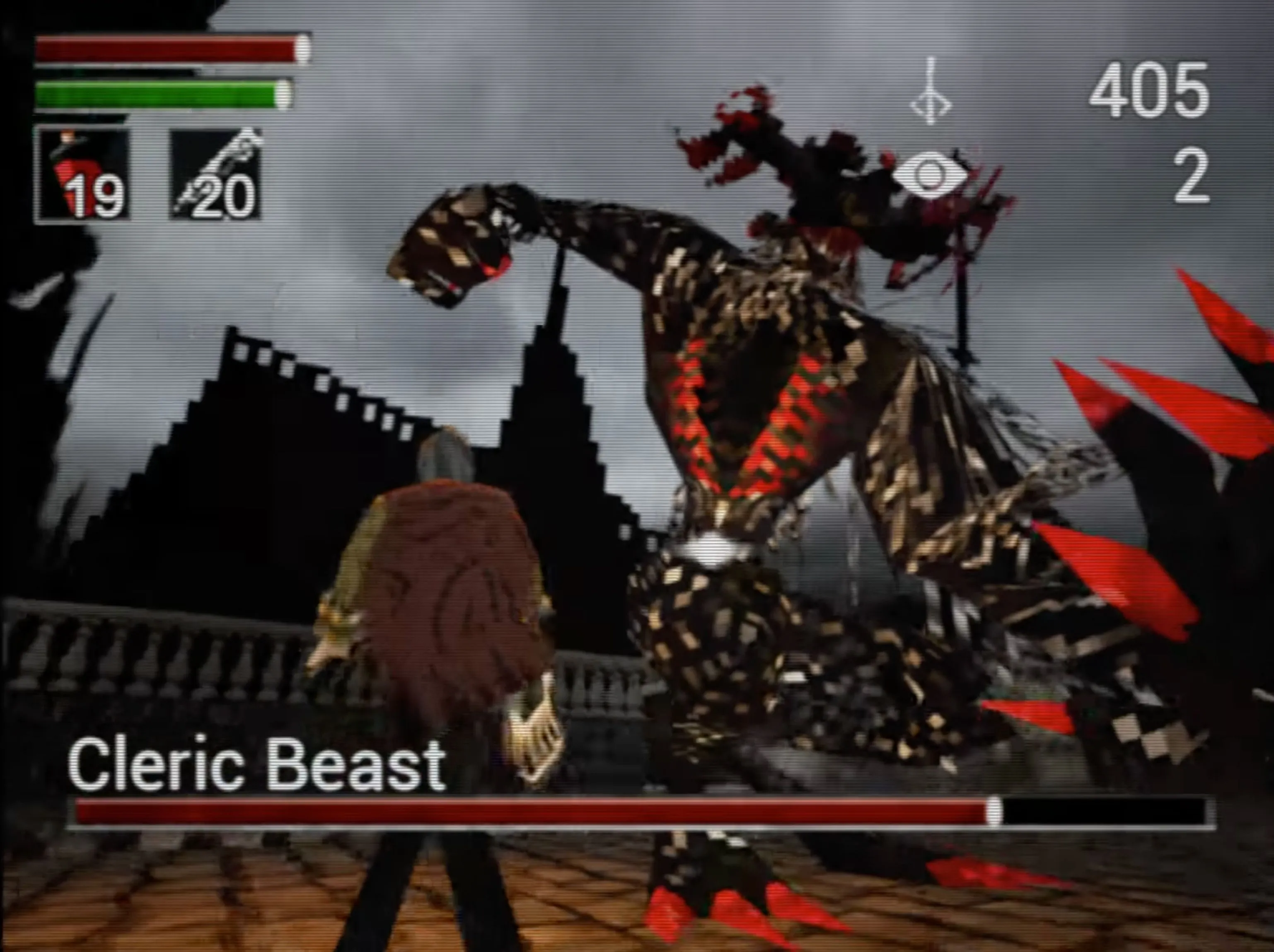 Hình ảnh từ Bloodborne PSX, một dự án demake game Bloodborne được tái hiện trên nền tảng PlayStation 1.
