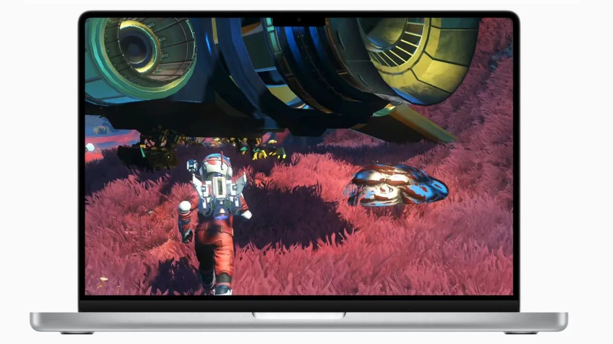Hình ảnh tựa game No Man's Sky trên màn hình máy tính, minh họa việc chơi game trên Mac.