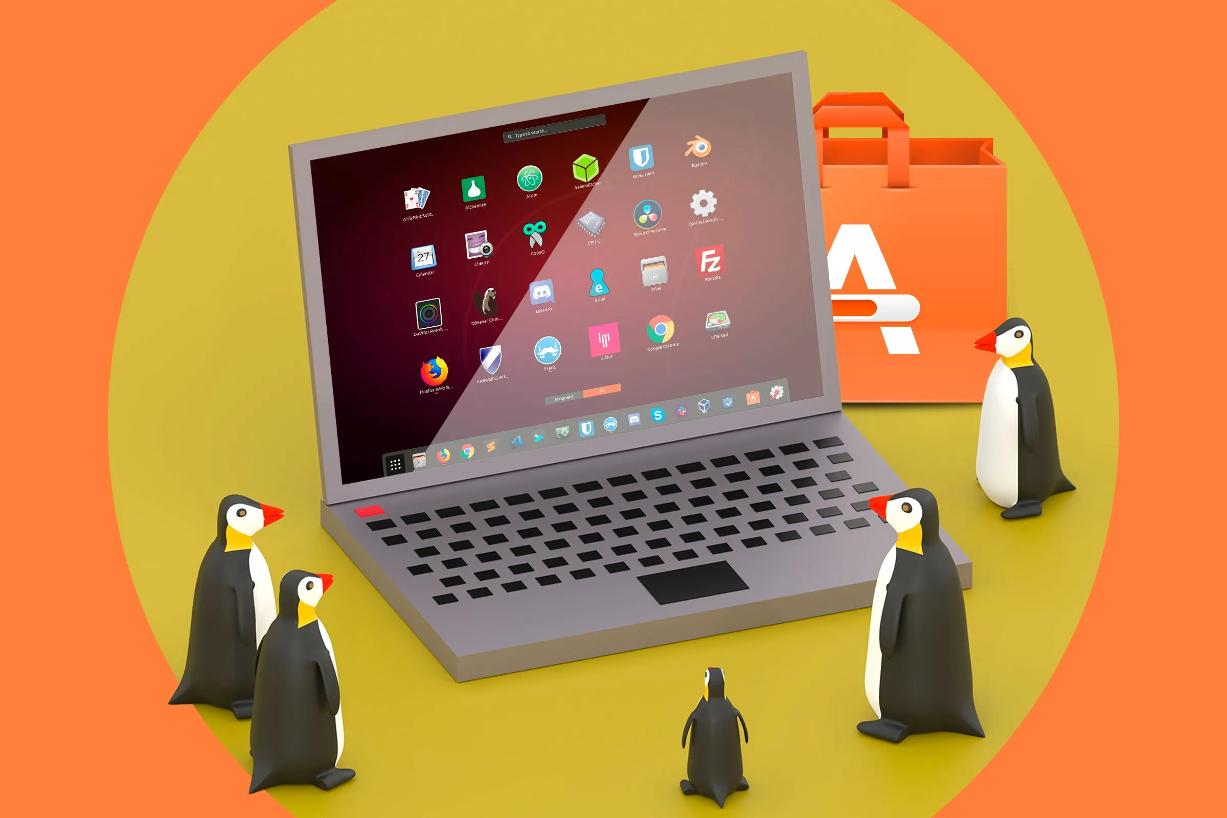 Hình minh họa một laptop hiển thị các ứng dụng Linux, tượng trưng cho hệ sinh thái phần mềm đa dạng trên Kubuntu.