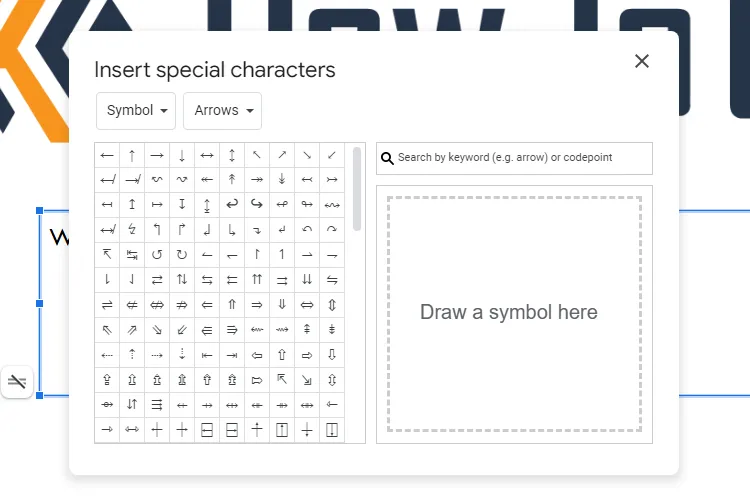 Hộp thoại chèn ký tự đặc biệt với các tùy chọn tìm kiếm và vẽ trong Google Slides
