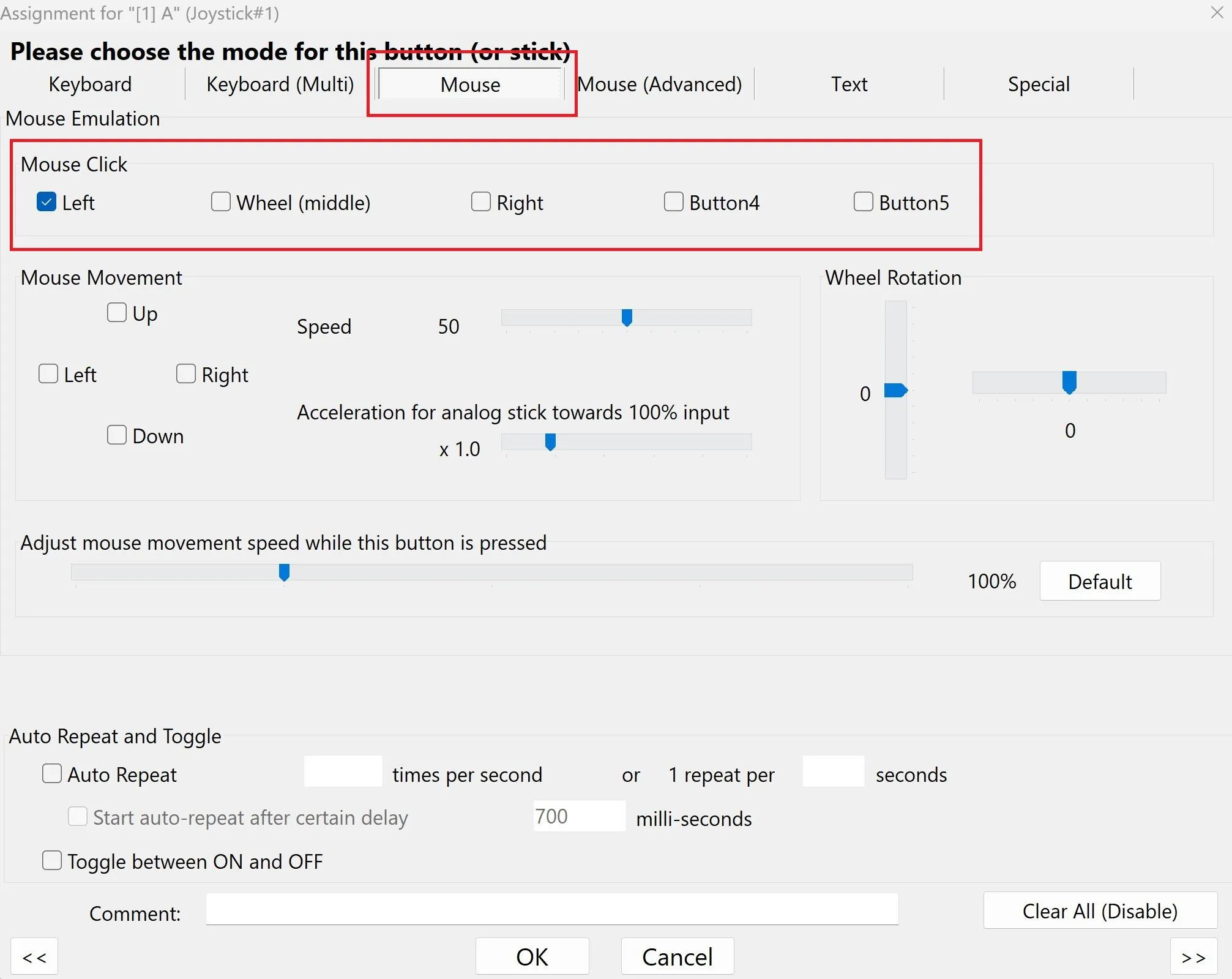 Hộp thoại chỉnh sửa gán phím trong JoyToKey, tab Mouse, với phần &quot;Mouse click&quot; được đánh dấu để cấu hình chuột phải
