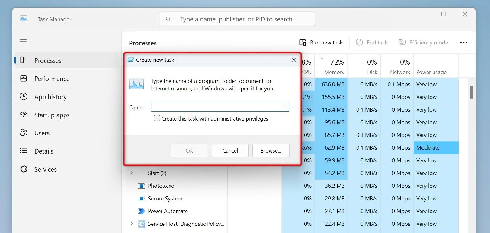 Hộp thoại 'Create New Task' (cũng là Run) trong Task Manager của Windows 11.