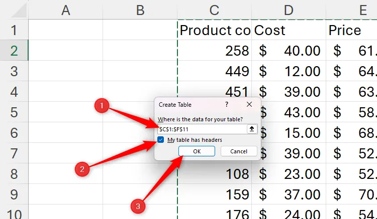 Hộp thoại Create Table trong Excel, xác nhận nguồn dữ liệu và chọn My Table Has Headers để tạo bảng