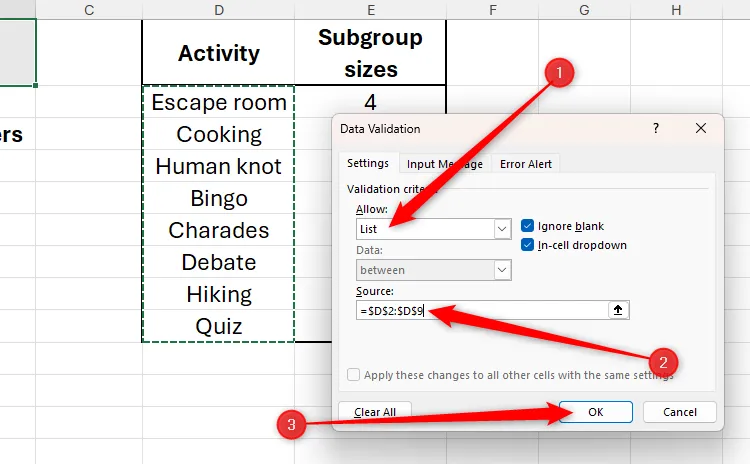Hộp thoại Data Validation của Excel với 'List' được chọn trong trường 'Allow' và các ô D2 đến D9 được chọn trong trường 'Source'.