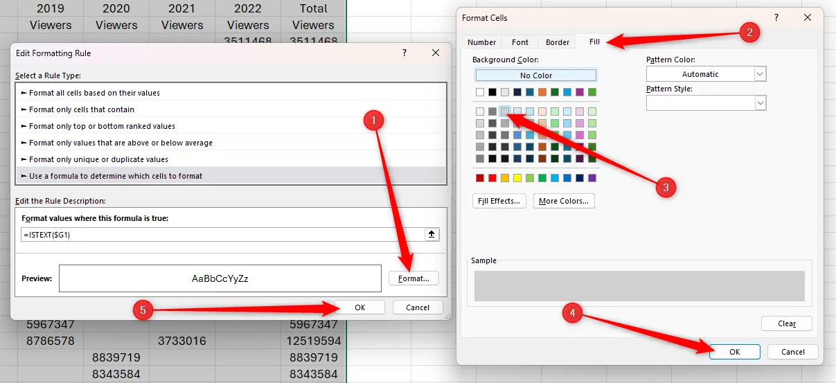 Hộp thoại Định dạng Ô trong Excel, mở từ hộp thoại Chỉnh sửa Quy tắc Định dạng, với tùy chọn &quot;Tô màu&quot; xám được chọn cho hàng tiêu đề.