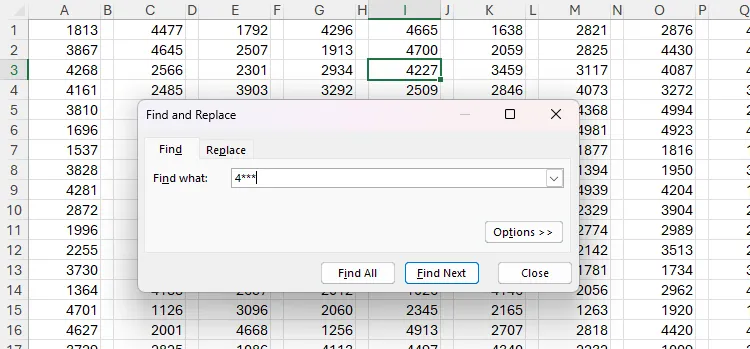 Hộp thoại Find And Replace trong Excel với số 4 và ba dấu hoa thị được nhập vào trường Find What